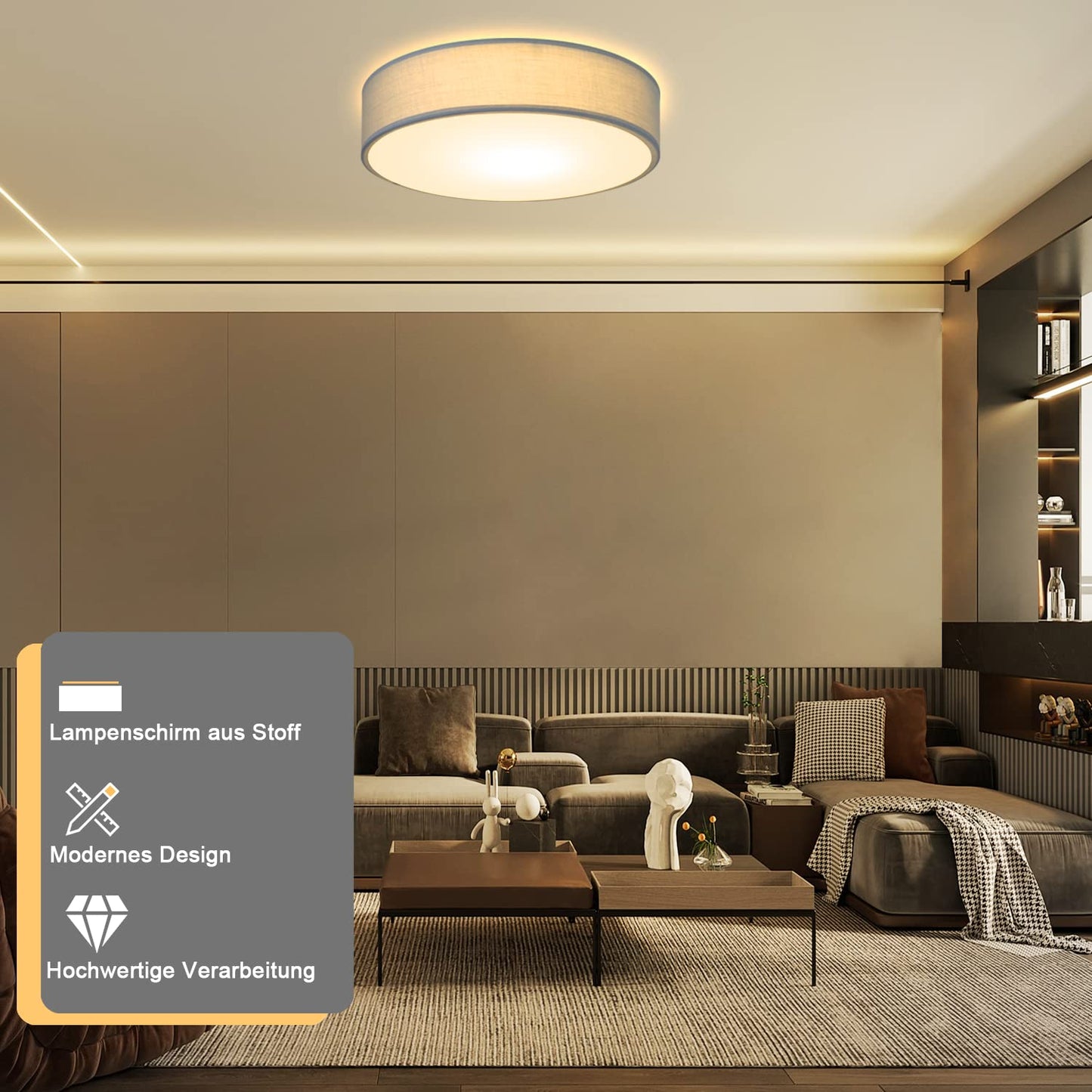 ZMH 2er Deckenlampe Schlafzimmer Deckenleuchte Rund - 1 Flammig E27 Wohnzimmerlampe Stoff Modern Schlafzimmerlampe Grau K¨¹chenlampe mit Stoffschirm Flurlampe f¨¹r Wohnzimmer K¨¹che Flur ?30CM