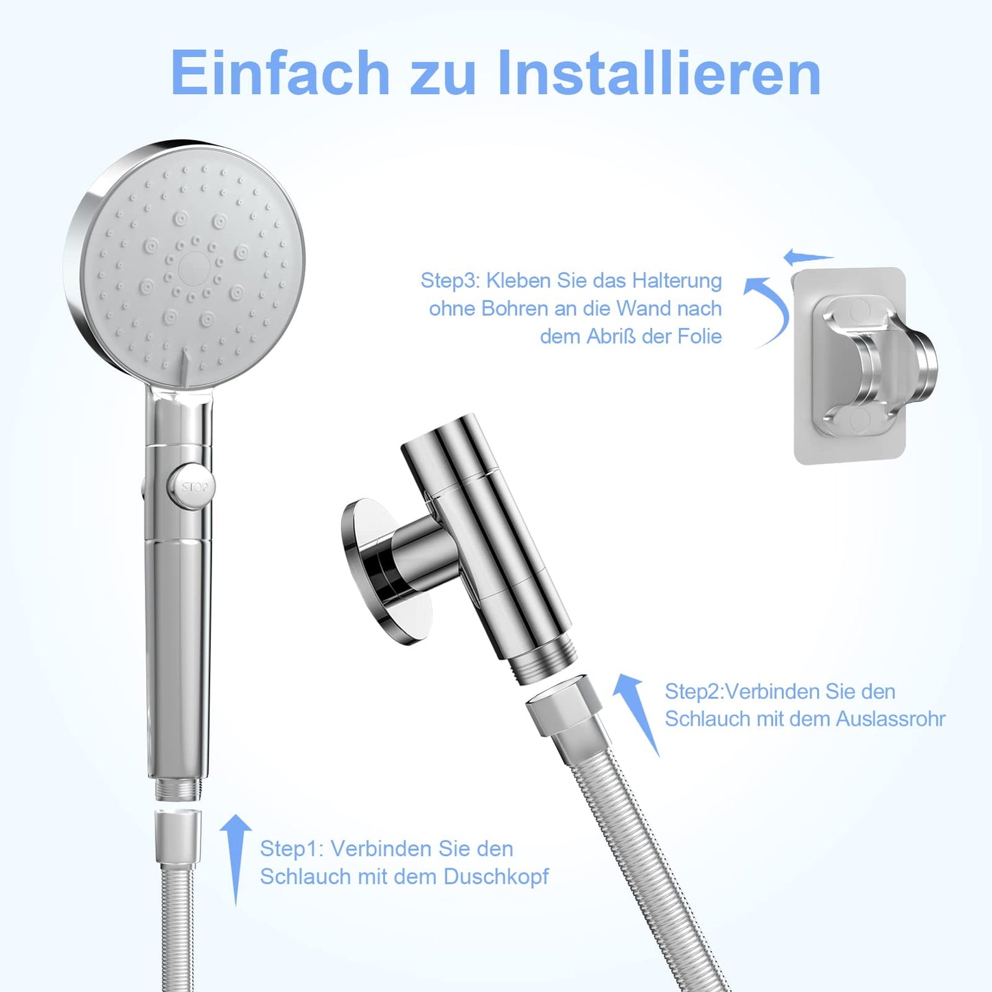 ZMH Duschkopf Wassersparend mit 1.5M Schlauch Brausehalterung - Handbrause Chrom Filter mit 5 Strahlarten Wasserstop, Druckerh?hende Regendusche Sparduschkopf