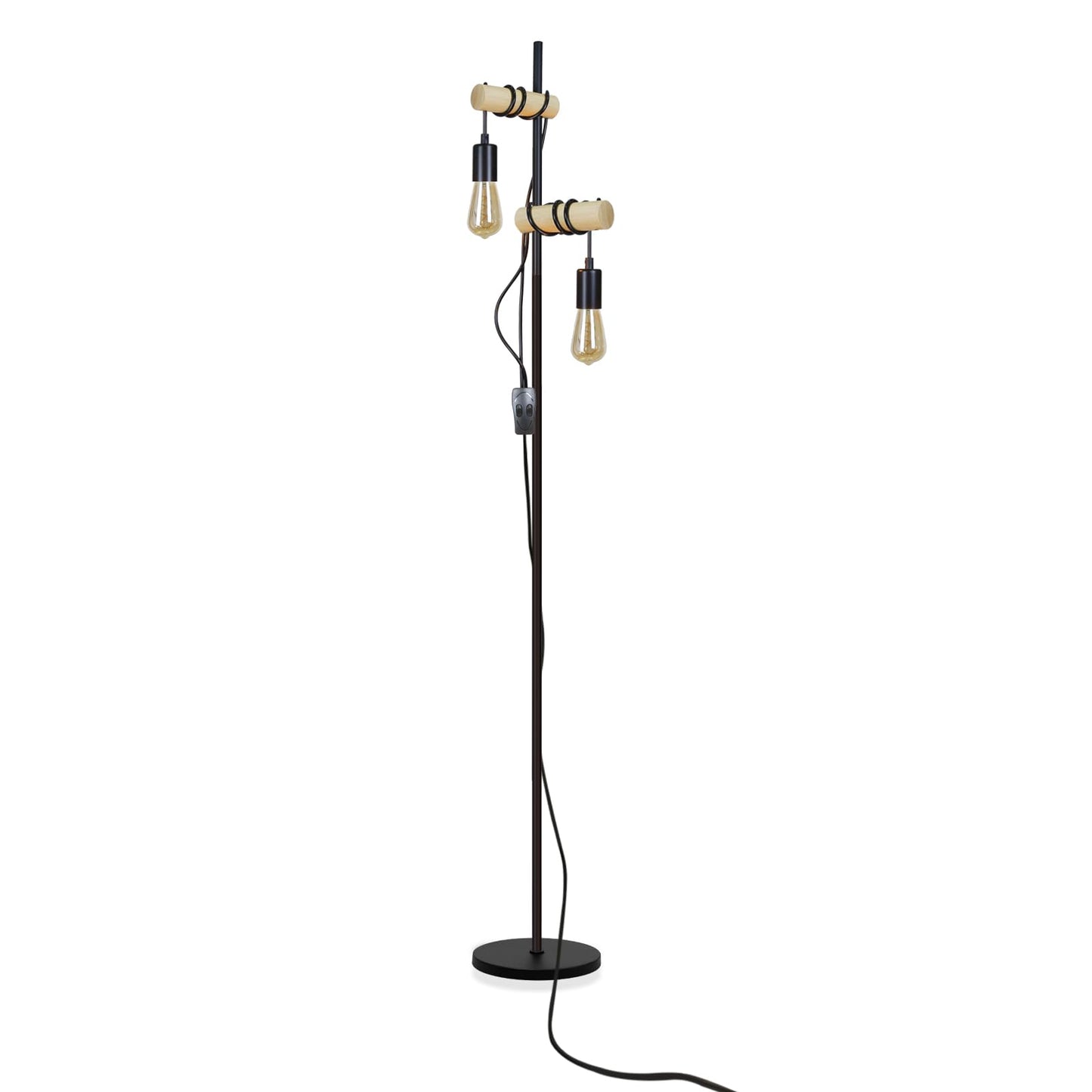 ZMH Stehlampe Wohnzimmer Vintage Stehleuchte Holz - Schwarz Industrial Standleuchte mit E27 2 Flammige Schwenkbar 180¡ã Standlampe mit Schalter f¨¹r Schlafzimmer B¨¹ro Arbeitzimmer - Ohne Leuchtmittel