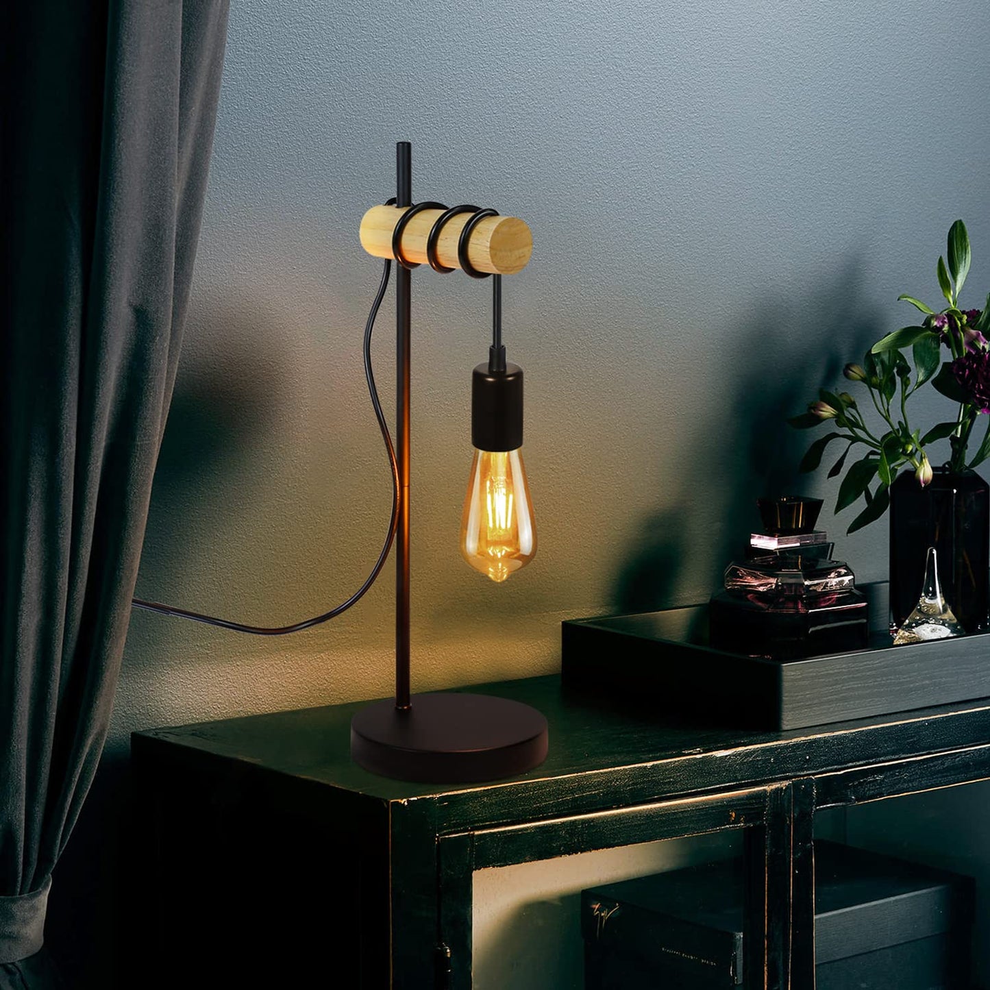 ZMH Tischlampe Holz Nachttischlampe Vintage Tischleuchte Schwarz Retro E27 in Industrial Rustikal Design Nachttischleuchte Kabel mit Schalter f¨¹r Wohnzimmer Schlafzimmer Dekorative Beleuchtung