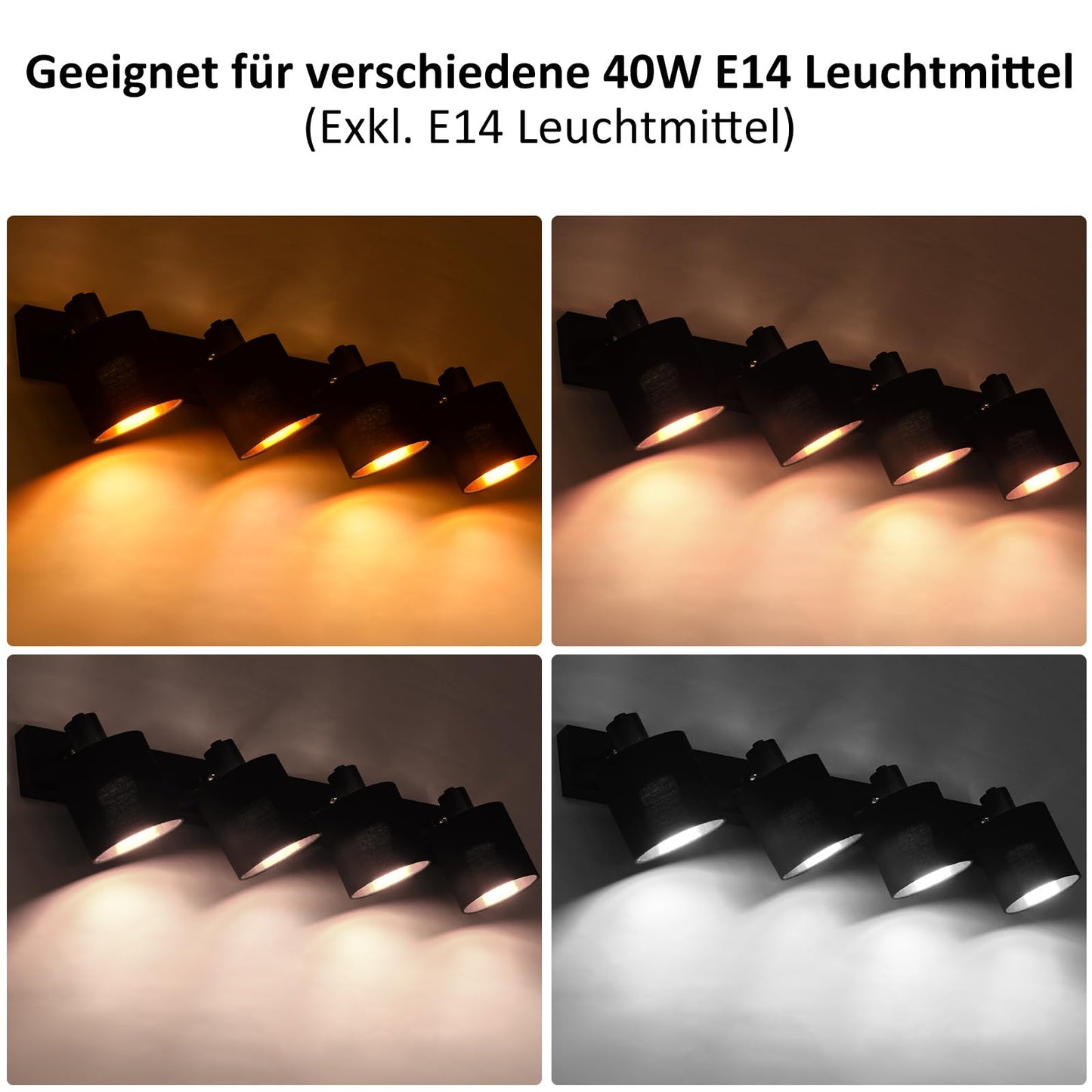 ZMH Deckenlampe 4 Flammig Deckenstrahler Schwarz - Deckenleuchte Wohnzimmer Vintage Wohnzimmerlampe E14 Schwenkbar 350¡ã MAX.25W Stoffschrim f¨¹r Schlafzimmer Flur(ohne Leuchtmittel)