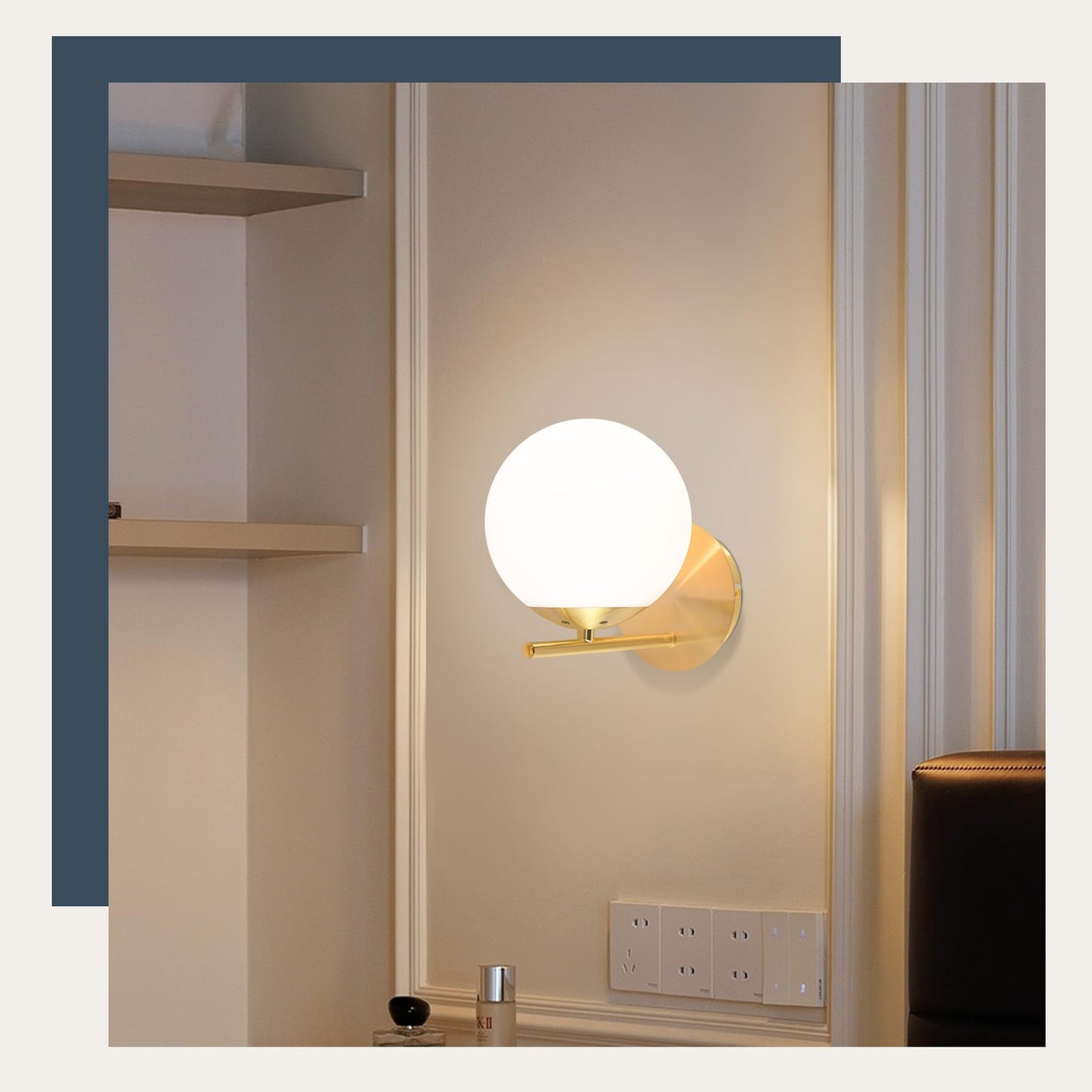 ZMH Wandleuchte Innen Wandlampe Modern - Flurlampe Gold E27 Bettlampe Wei? Glas Badlampe Kugel Badezimmerlampe Metall Badezimmer f¨¹r Treppenhaus Wohnzimmer Schlafzimmer Flur Bad - Ohne Leuchtmittel