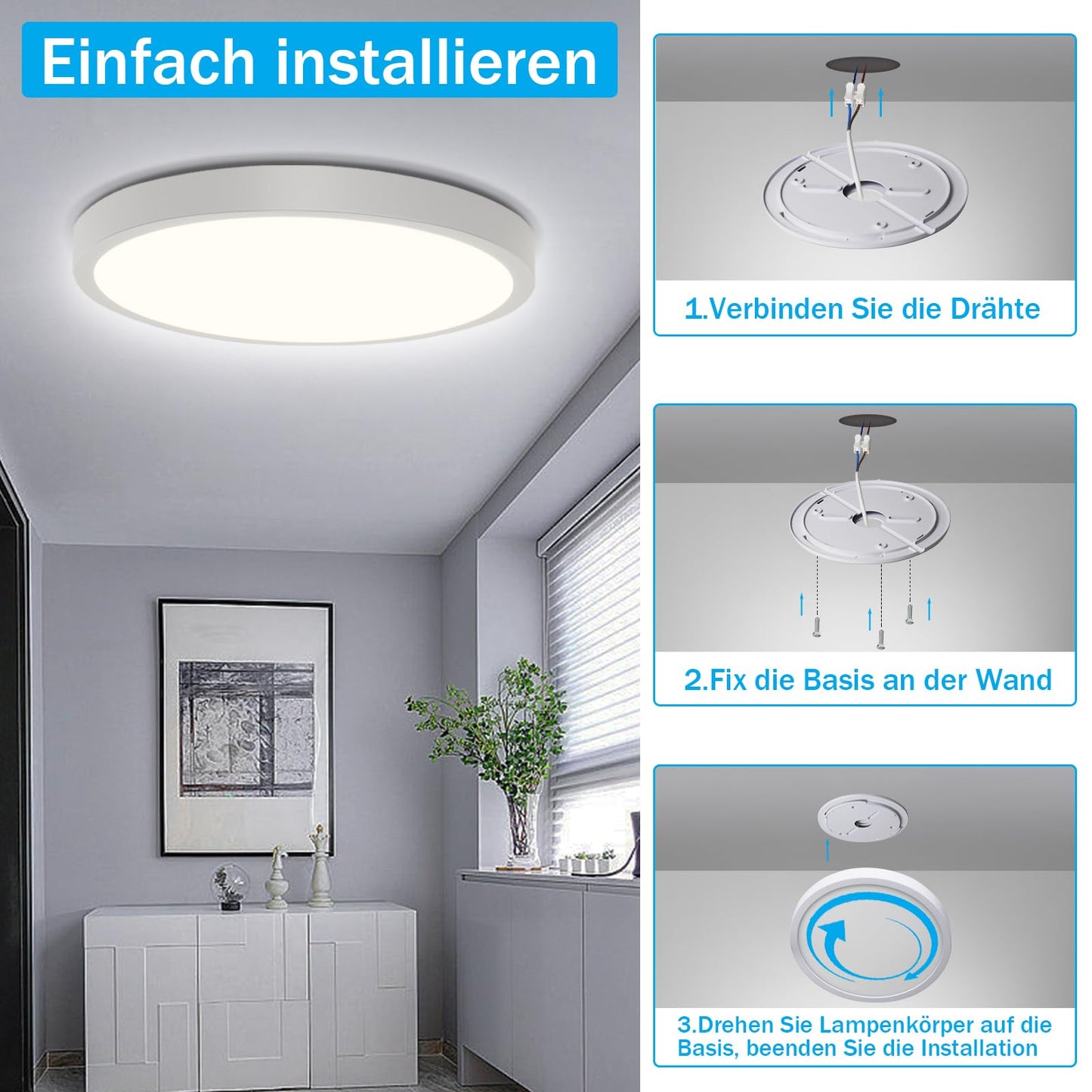 ZMH LED Deckenleuchte Rund Flach - 2ER Deckenlampe 24W Modern Wei? LED Panel Flurlampe Neutralwei? 4000K, 23CM IP44 f¨¹r K¨¹che B¨¹ro Wohnzimmer Badezimmer Kinderzimmer Schlafzimmer, Ultra D¨¹nn