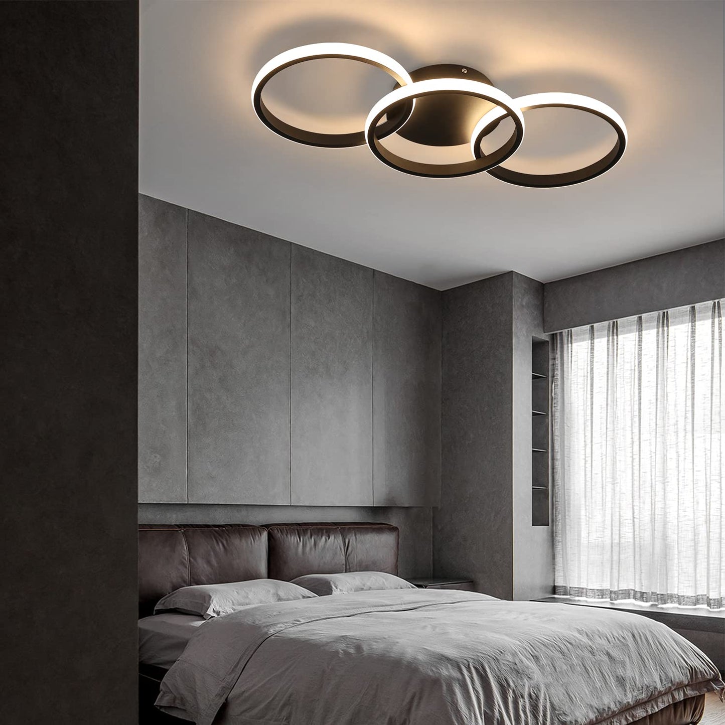 ZMH Deckenlampe Schwarz LED Deckenleuchte Wohnzimmer - Deckenlampe Flur Modern Design mit 3 Metall Ringe 3000K Warmwei?e K¨¹chenlampe - 36W Schlafzimmerlampe Wohnzimmerlampe
