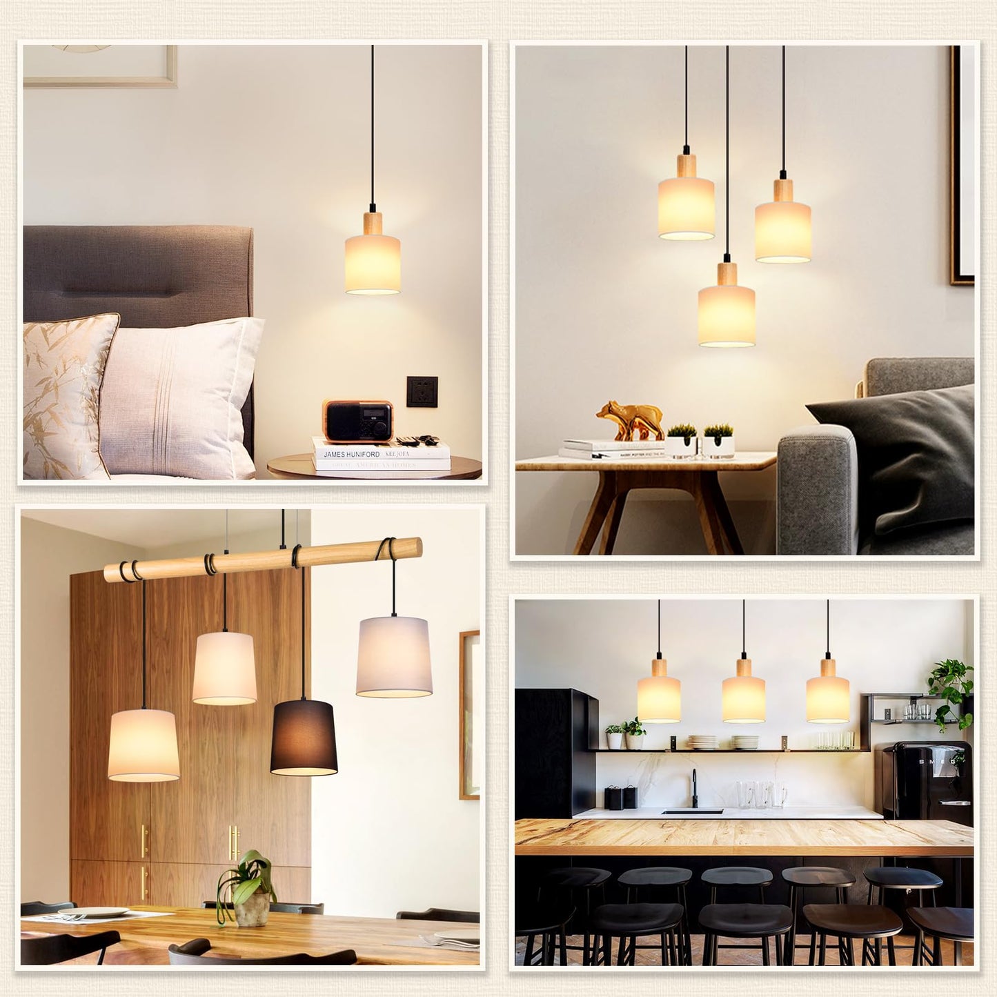 ZMH Pendelleuchte 1 Flammig 2ER Esstischlampe - Holz Stoffschrim H?ngeleuchte E14 Esszimmerlampe Vintage H?ngelampe K¨¹che Pendellampe Flurlampe f¨¹r Wohnzimmer Restaurant Schlafzimmer Flur