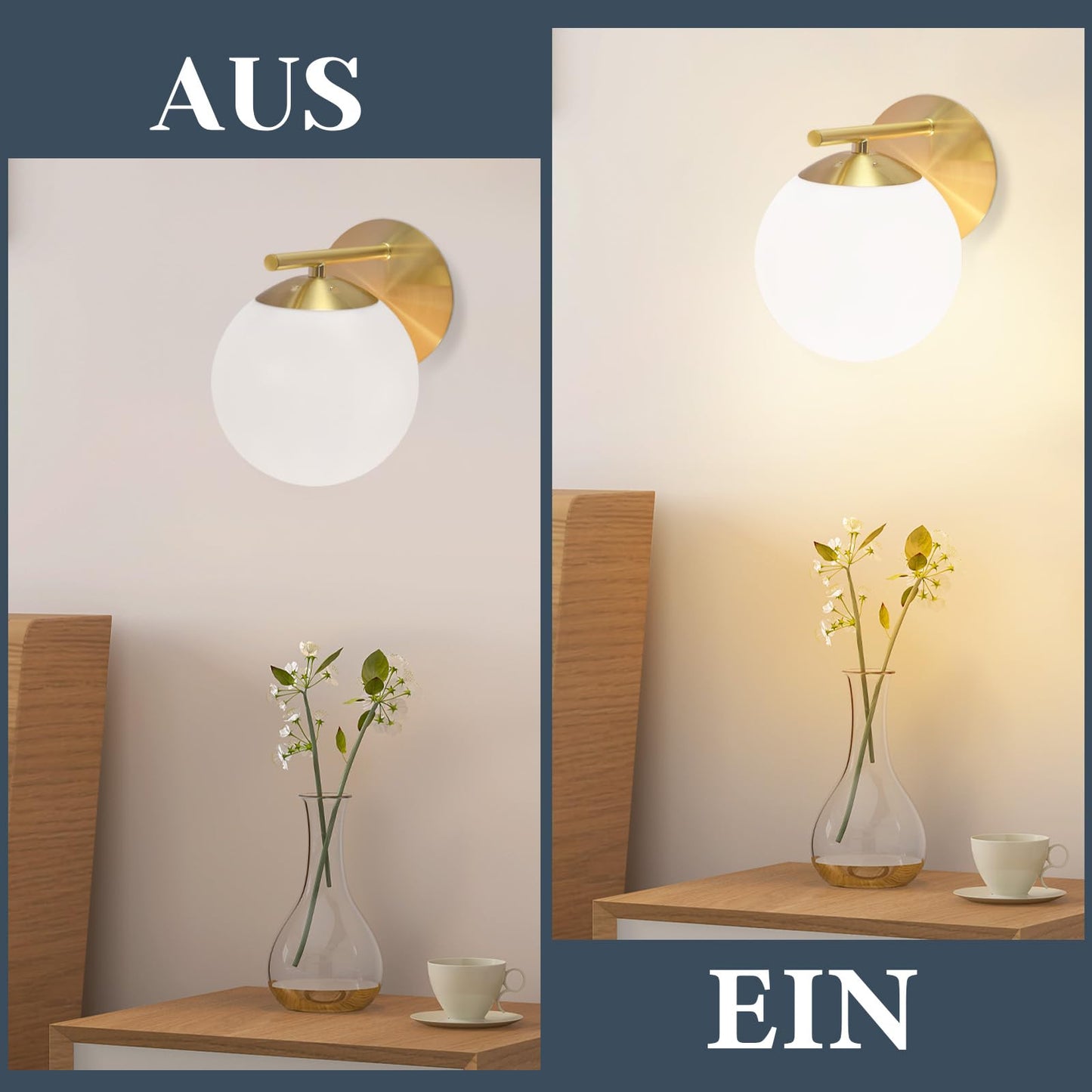 ZMH Wandleuchte Innen Wandlampe Modern - Flurlampe Gold E27 Bettlampe Wei? Glas Badlampe Kugel Badezimmerlampe Metall Badezimmer f¨¹r Treppenhaus Wohnzimmer Schlafzimmer Flur Bad - Ohne Leuchtmittel