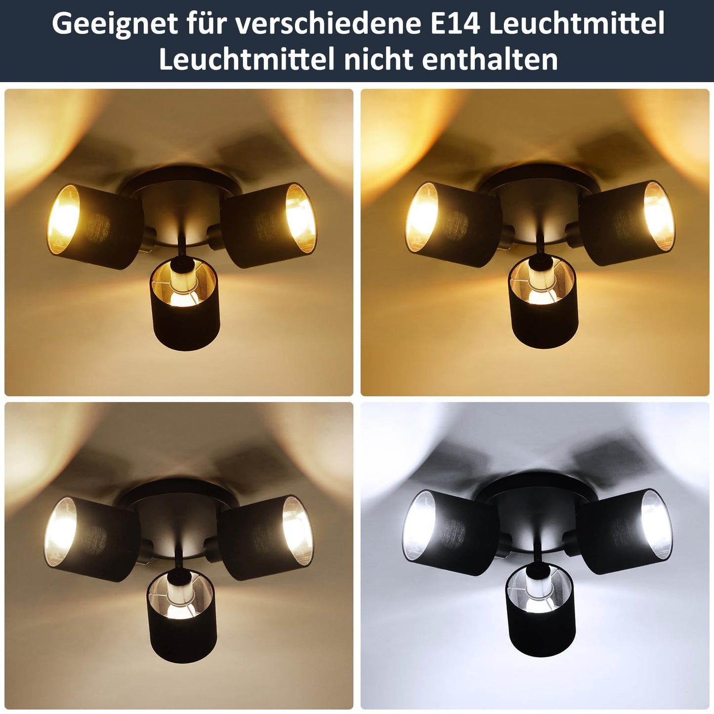 ZMH Deckenleuchte 3 Flammig Deckenstrahler Schwarz - Deckenlampe Vintage Deckenspot E14 Schwenkbar 350¡ã MAX.25W Stoffschrim Modern f¨¹r Wohnzimmer Schlafzimmer K¨¹che Flur (ohne Leuchtmittel)