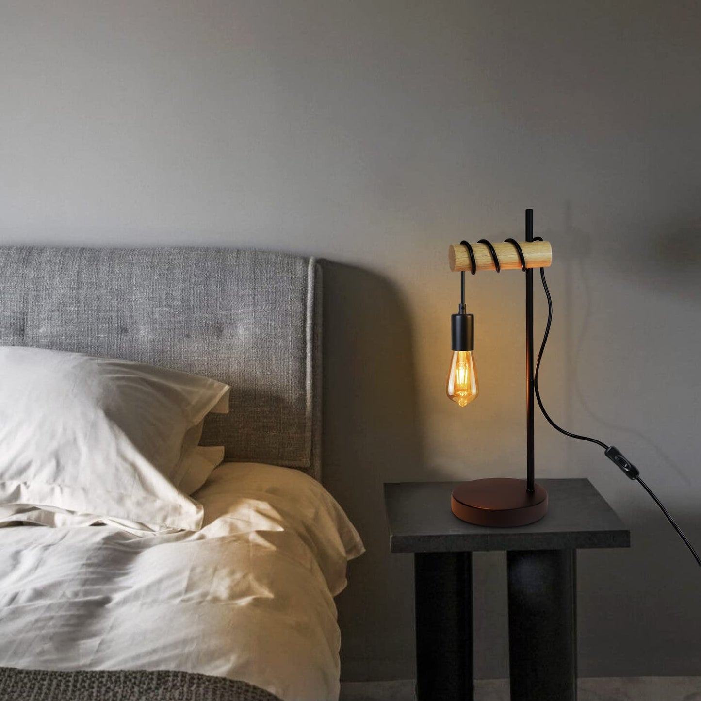ZMH Tischlampe Holz Nachttischlampe Vintage Tischleuchte Schwarz Retro E27 in Industrial Rustikal Design Nachttischleuchte Kabel mit Schalter f¨¹r Wohnzimmer Schlafzimmer Dekorative Beleuchtung