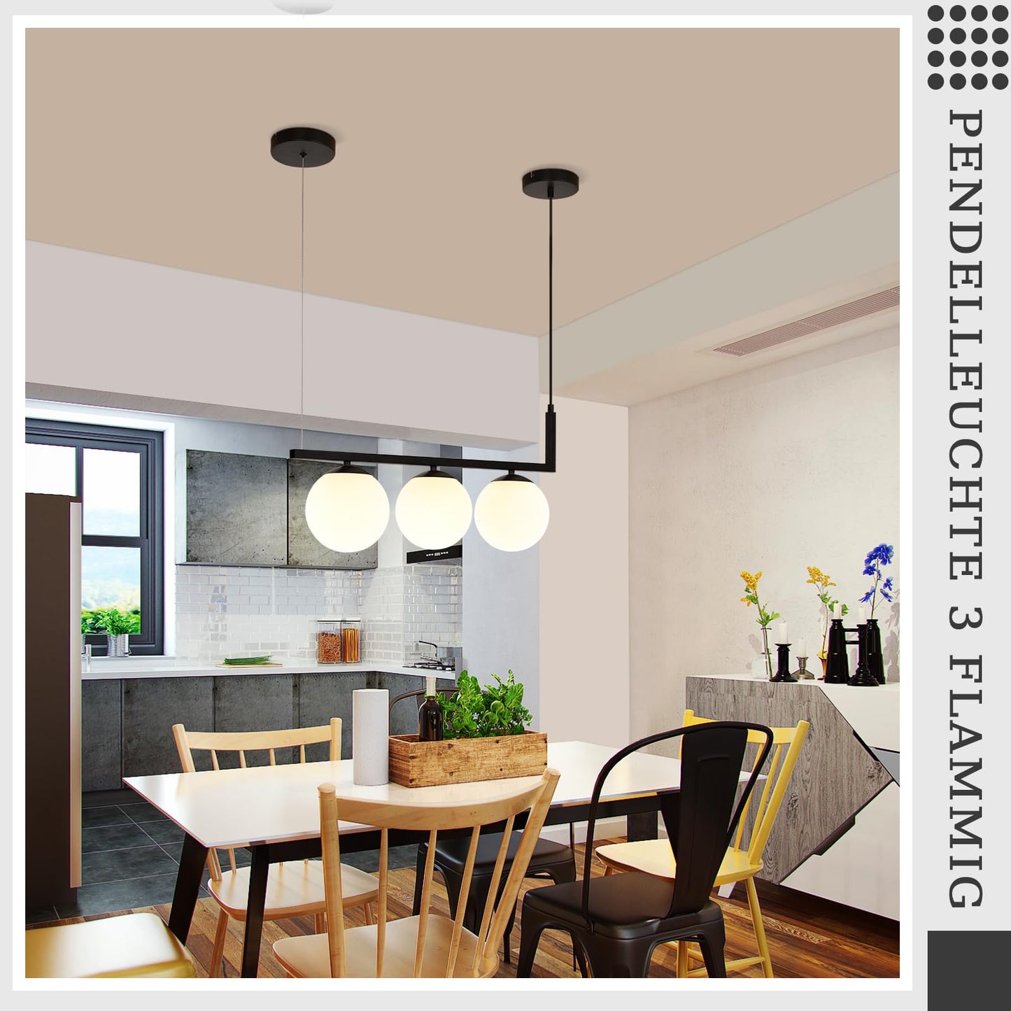 ZMH Pendelleuchte E27 Esszimmerlampe Glaskugel - Pendellampe 3 Flammig Esstisch Schwarz Esstischlampe Vintage H?ngelampe Metall H?ngeleuchte H?henverstellbar Wohnzimmer Esszimmer Ku?che Flur