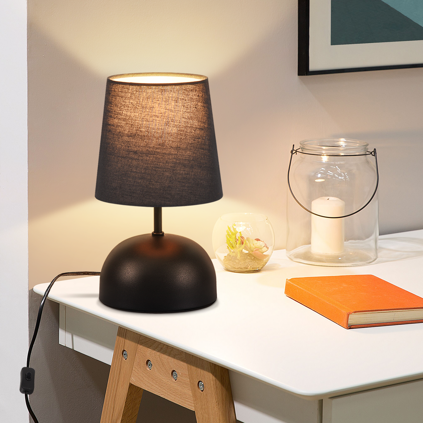 Nachttischlampe 2er Set Tischlampe mit Kabel - Tischleuchte Schwarz Klein Nachtlampe Schlafzimmer Stoff Bettlampe Modern Design Schreibtischlampe f¨¹r Wohnzimmer B¨¹ro Bett Tisch Fenster Hotel
