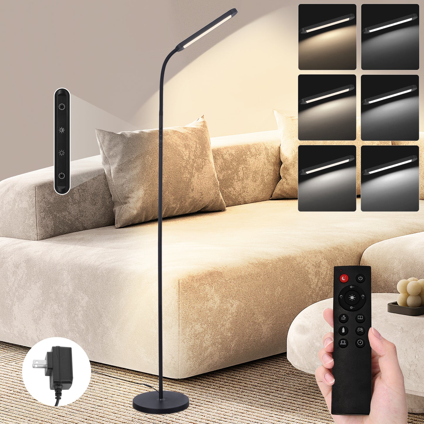 ZMH Stehlampe LED Standleuchte Wohnzimmer - Dimmbar Modern Standleuchte Schwarz 5 Farben und 5 Helligkeitsstufen 11W 360¡ã Flexibler Schwanenhals Leselampe mit Fernbedienung f¨¹r Schlafzimmer B¨¹ro