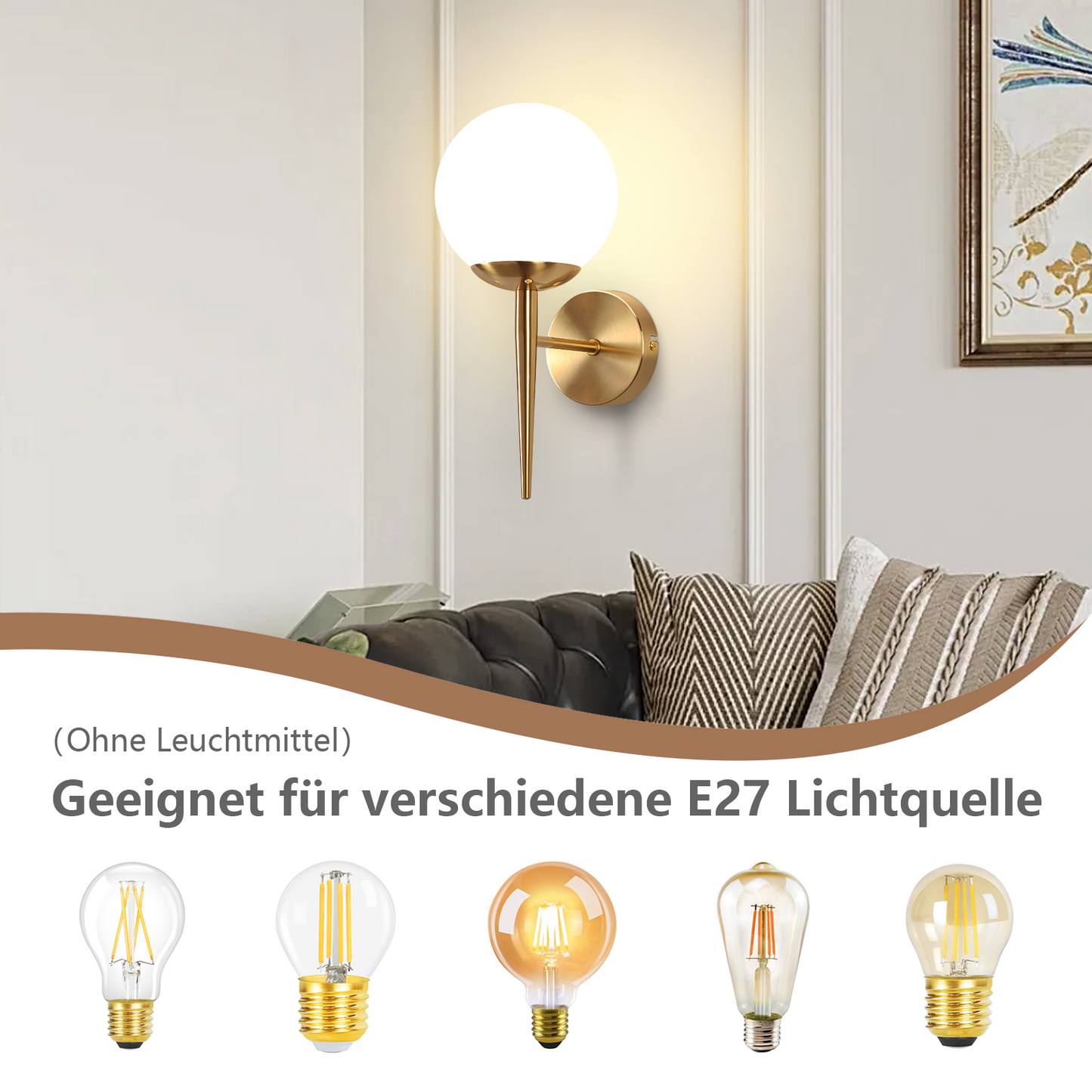 Wandleuchte Innen Wandlampe Schlafzimmer - Wandbeleuchtung Glaskugel Treppenhaus Gold Vintage Flurlampe Badezimmer Glas Lampenschirm Modern Design E27 Beleuchtung f¨¹r Flur Bad - Ohne Leuchtmittel