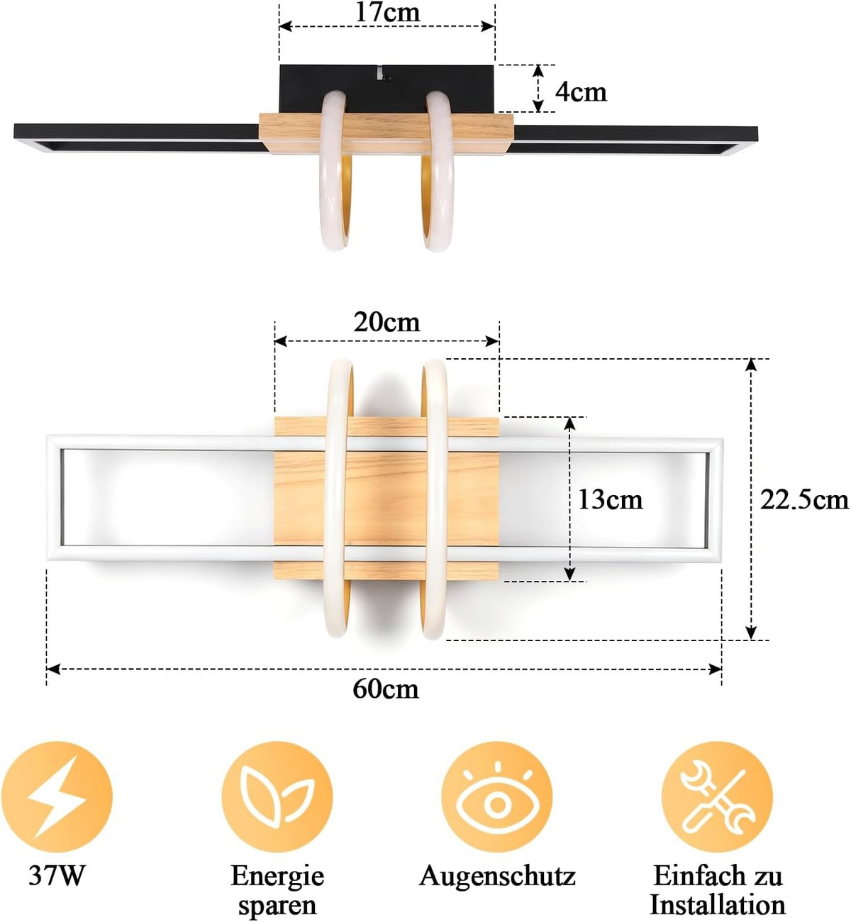 ZMH Deckenlampe LED Deckenleuchte Schlafzimmer Holz Schwarz Wohnzimmerlampe