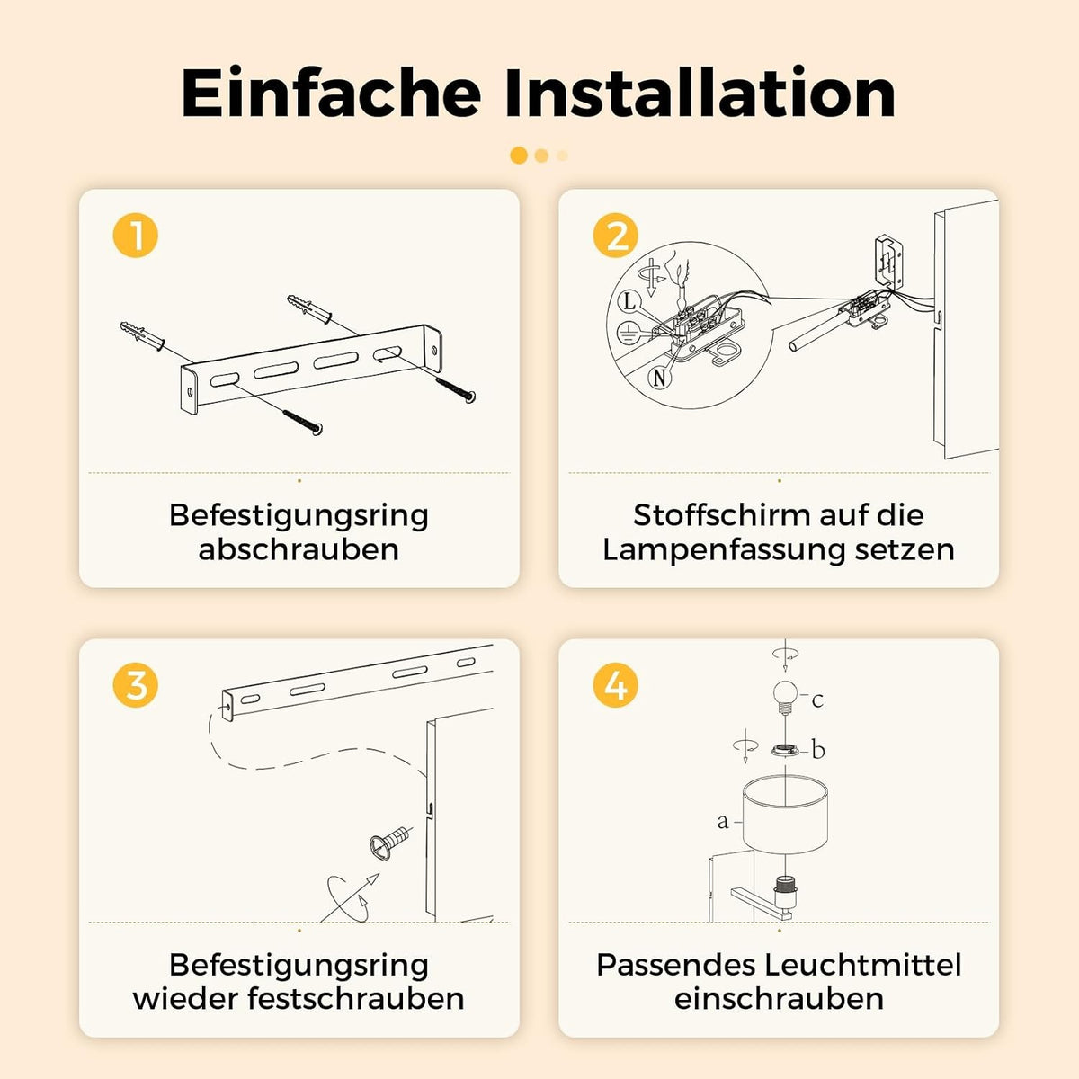ZMH Wandleuchte Innen mit USB Anschluss Leselampe E27 Stoffschirm Schwarz