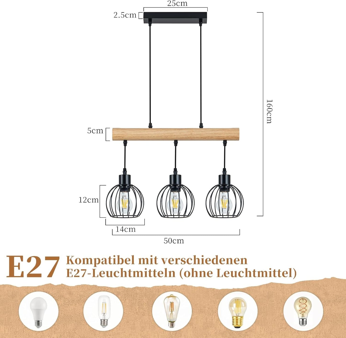 ZMH Pendelleuchte esstisch Holz Vintage E27 Hängelampe 3 flammig Industrial