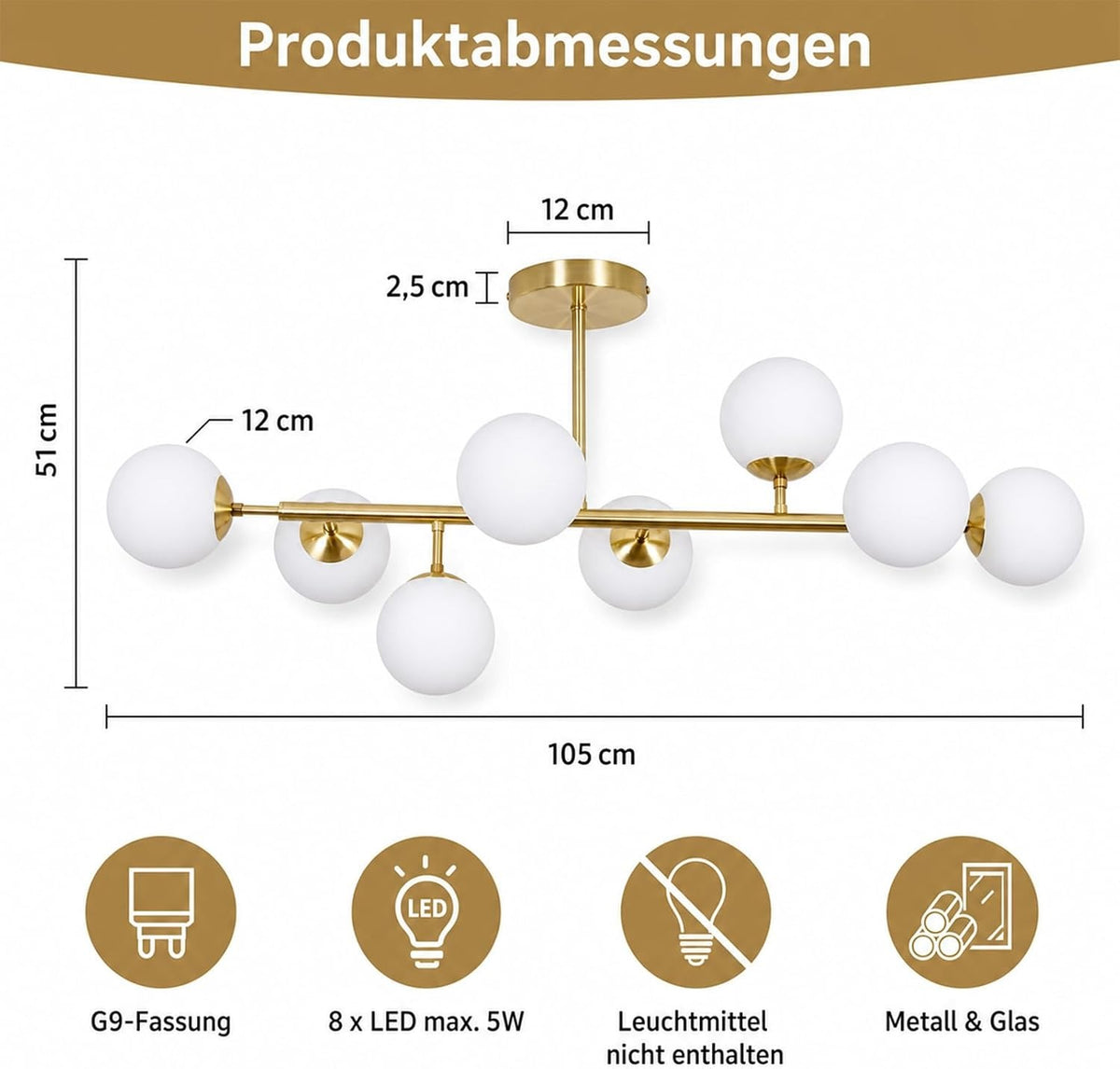ZMH Deckenlampe 8 Flammig Wohnzimmer Deckenleuchte Schlafzimmer Modern G9