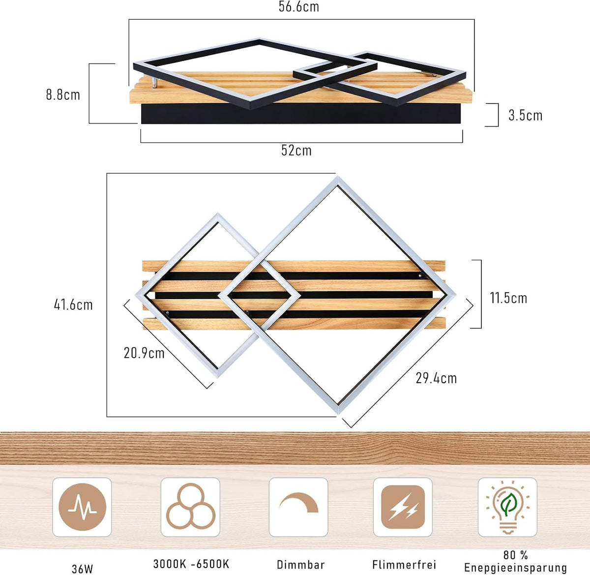ZMH LED Deckenlamape Holz Deckenleuchte Dimmbar 55CM Schlafzimmer Lampe