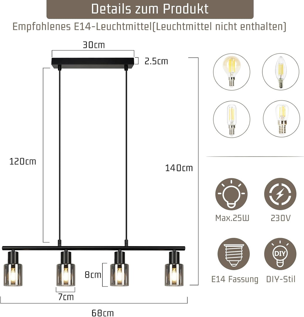 ZMH Hängelampe 4 flammig Pendelleuchte esstisch - Vintage Esstischlampe | hängend Schwarz industrial Hängeleuchte Glas E14 retro Esszimmerlampe Pendellampe für Esszimmer Küche (Ohne Leuchtmittel)