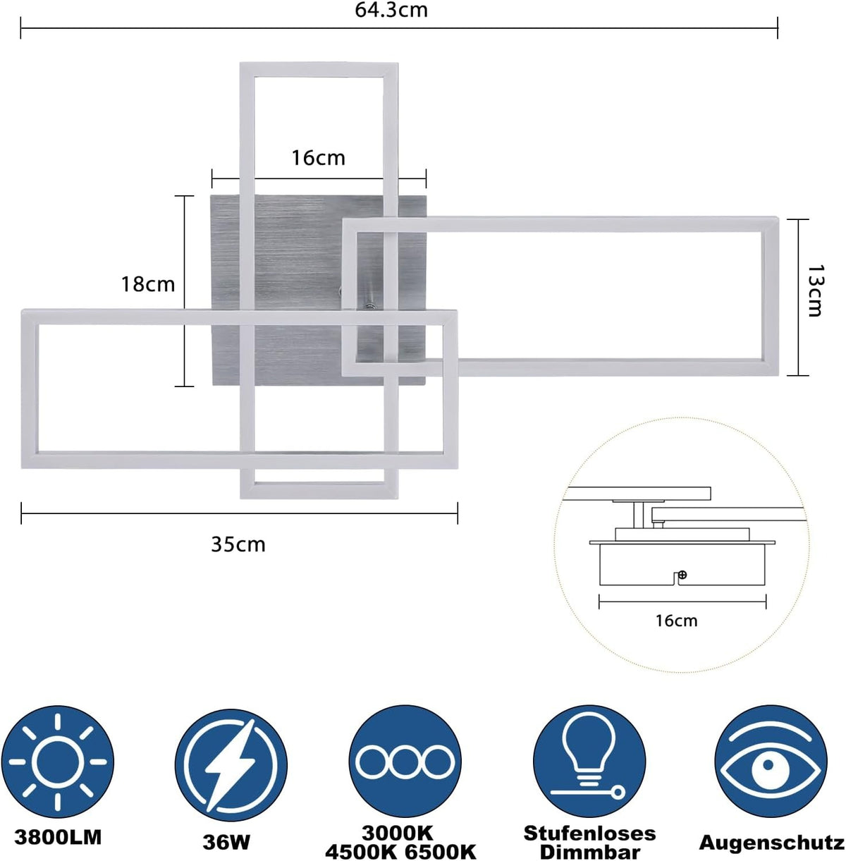 ZMH LED Deckenlampe Wohnzimmer Deckenleuchte: 36W Wohnzimmerlampe mit