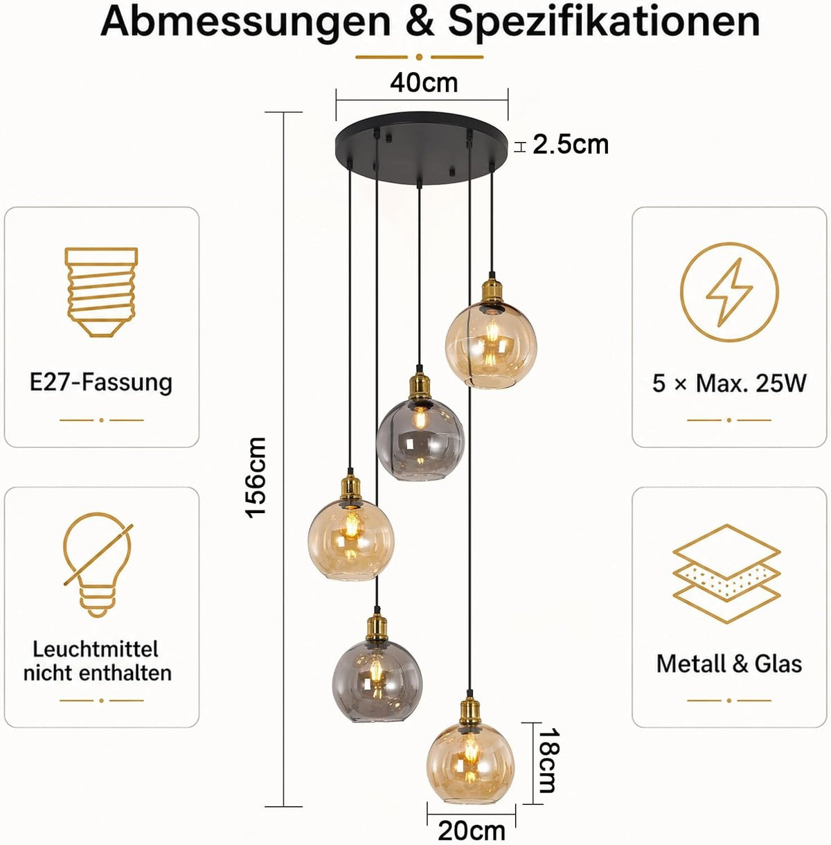 ZMH Pendelleuchte Esstisch Hängelampe Treppenhaus 5-Glaskugel 160cm o.LM