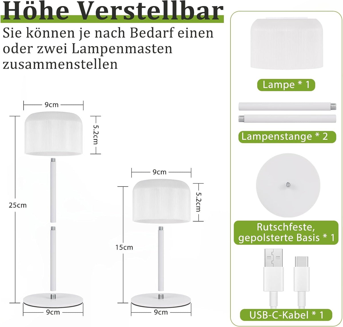 ZMH Tischlampe Kabellos LED Tischleuchte, Akku Nachttischlampe USB-C
