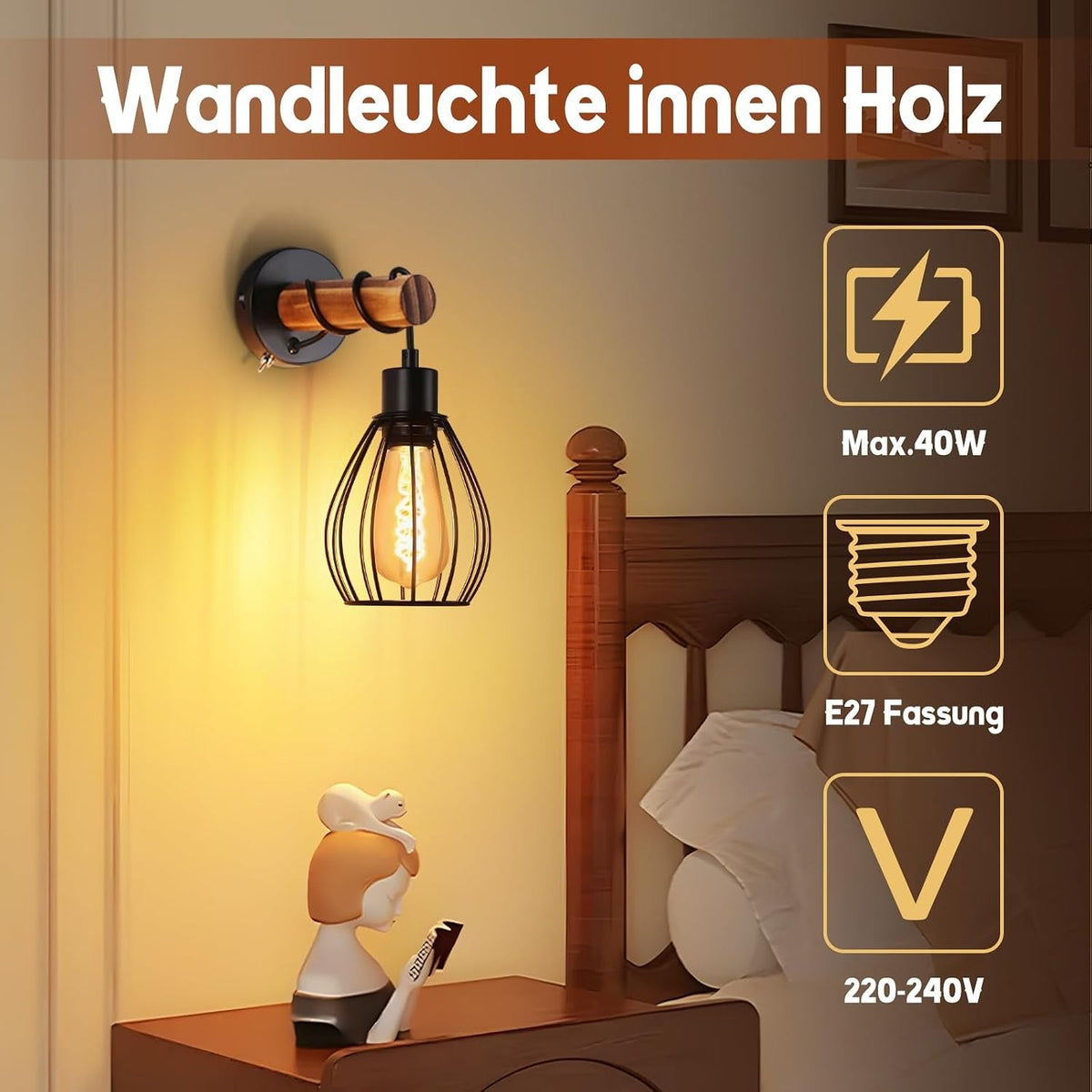 ZMH Wandleuchte mit Schalter Wandlampe Vintage: Holz Wandbeleuchtung Schwarz E27 industrial Wandstrahler aus Metall Retro Bettlampe für Wohnzimmer Schlafzimmer Flur Restaurant - Ohne Leuchtmittel