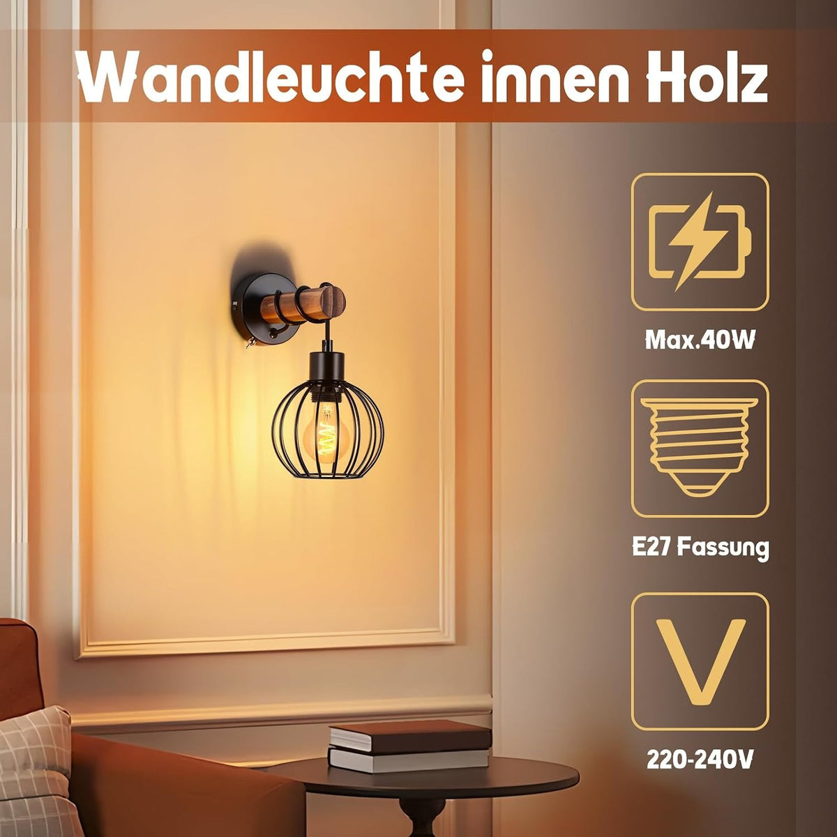 ZMH Wandleuchte Wohnzimmer Vintage Holz: Wandlampe mit Schalter Wandbeleuchtung Schwarz im industrial Design E27 Wandstrahler aus Metall Retro Bettlampe für Schlafzimmer Flur Cafe - Ohne Leuchtmittel