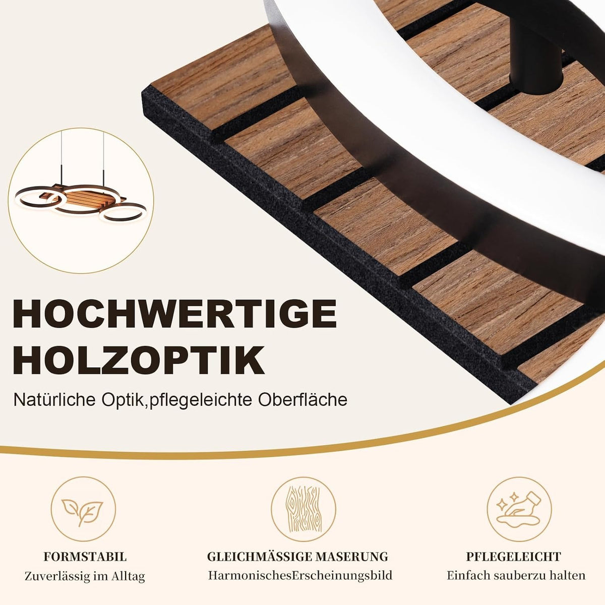 ZMH Pendelleuchte Esstisch 3-Ring-Design LED Hängelampe Holzoptik 58cm