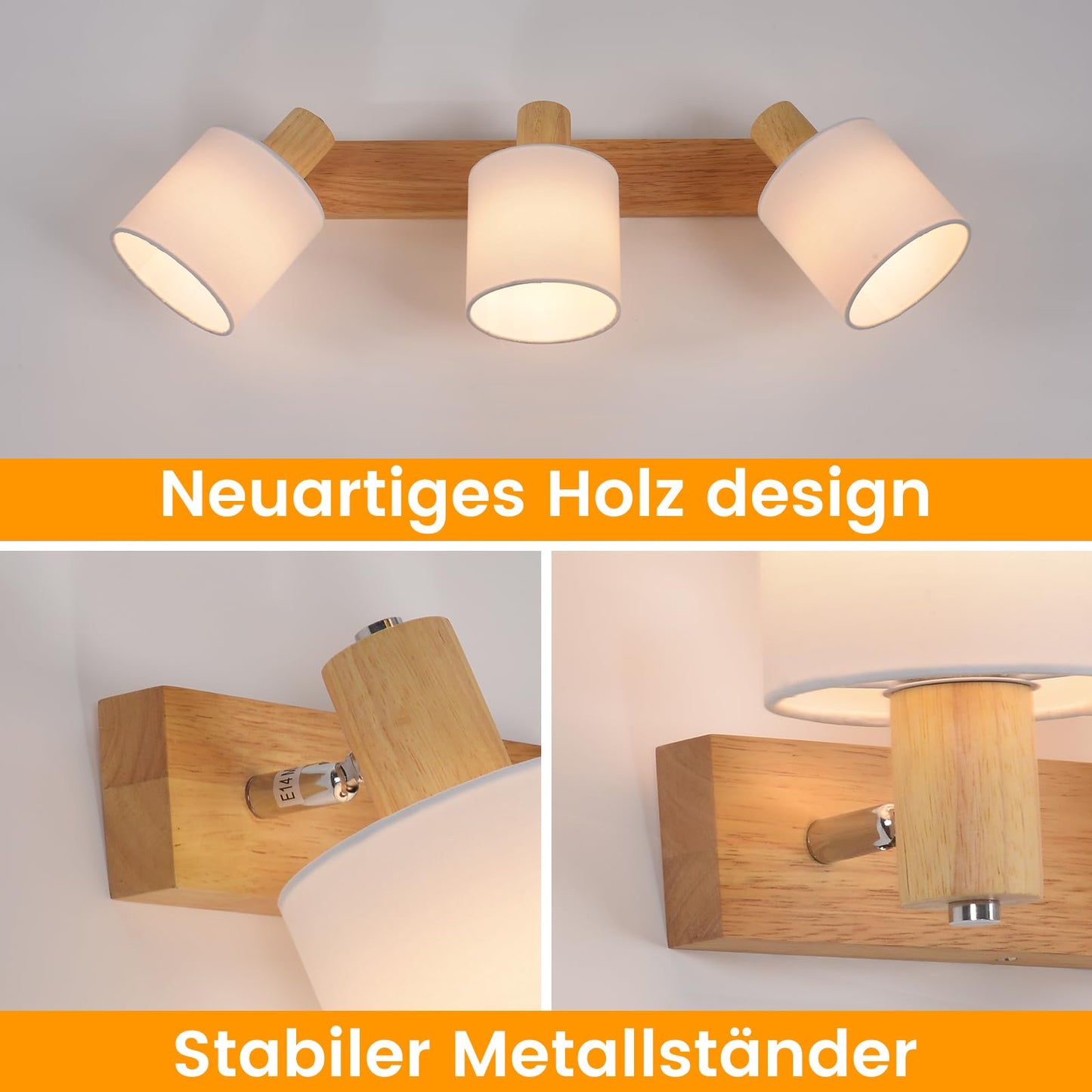 ZMH Deckenleuchte 3 Flammig Deckenlampe Flur - Deckenstrahler Modern Holz Deckenspot Wandstrahler Schwenkbar 350¡ã E14 MAX.25W lampe f¨¹r Wohnzimmer Schlafzimmer K¨¹che (ohne Leuchtmittel)