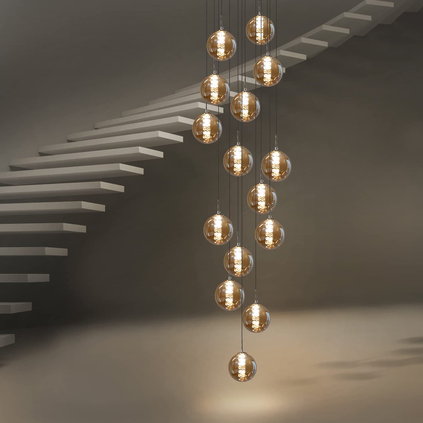 ZMH Pendelleuchte esstisch Pendellampe Modern - Treppenhaus H?heverstellbar H?ngeleuchte Kronleuchter 15-Flammig aus Glas K¨¹chen Flurlampe f¨¹r Wohzimmer (Bernstein, 15-flammig)