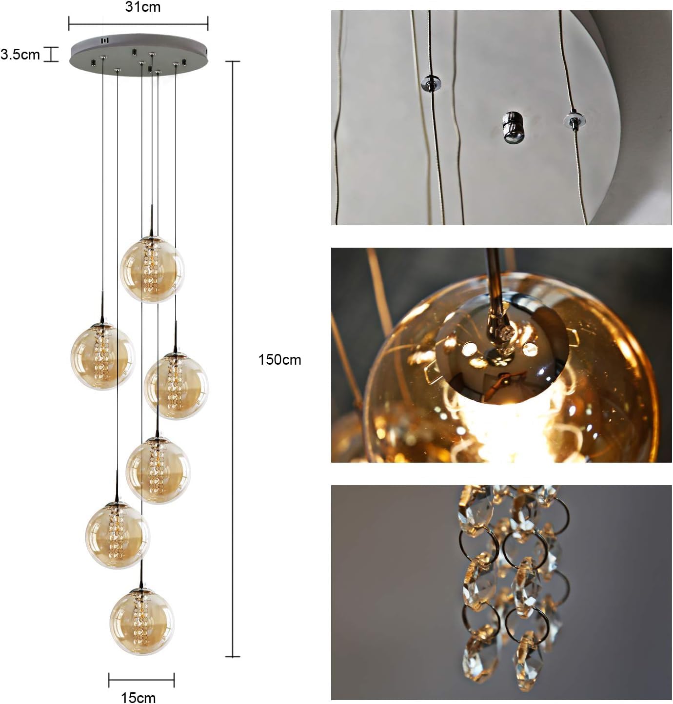 ZMH Pendelleuchte esstisch Pendellampe H?henverstellbar kugel H?ngeleuchte 6-Flammig aus Glas in Farbe Bernstein K¨¹chen Wohnzimmerlampe Schlafzimmerlampe Flurlampe