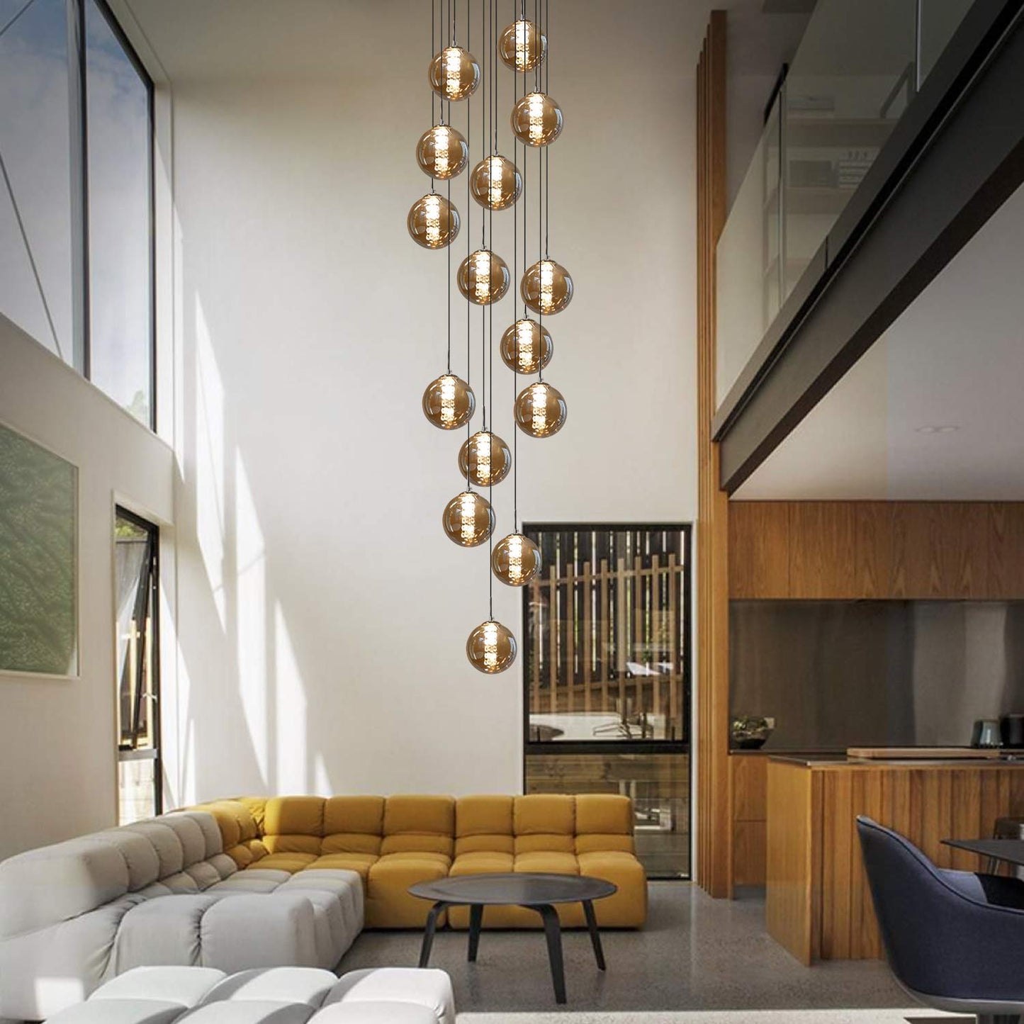 ZMH Pendelleuchte esstisch Pendellampe Modern - Treppenhaus H?heverstellbar H?ngeleuchte Kronleuchter 15-Flammig aus Glas K¨¹chen Flurlampe f¨¹r Wohzimmer (Bernstein, 15-flammig)