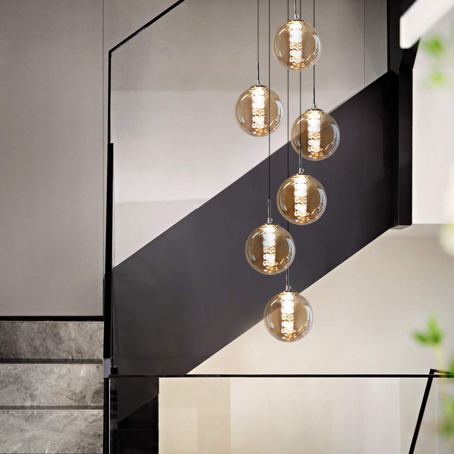ZMH Pendelleuchte esstisch Pendellampe H?henverstellbar kugel H?ngeleuchte 6-Flammig aus Glas in Farbe Bernstein K¨¹chen Wohnzimmerlampe Schlafzimmerlampe Flurlampe