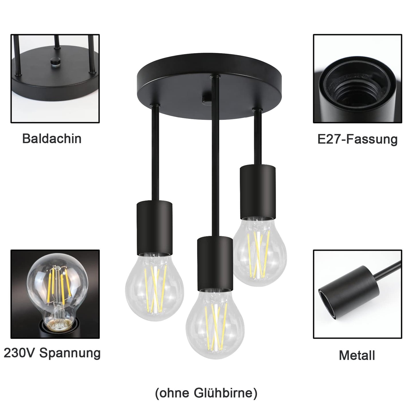 ZMH 2er Deckenleuchte Vintage Deckenlampe Schwarz - H?ngend 3 Flammig Deckenstrahler E27 mit 3 Spots Kronleuchter Industrial Deckenspots f¨¹r Esszimmer K¨¹che Flur Wohnzimmer Bar ohne Leuchtmittel