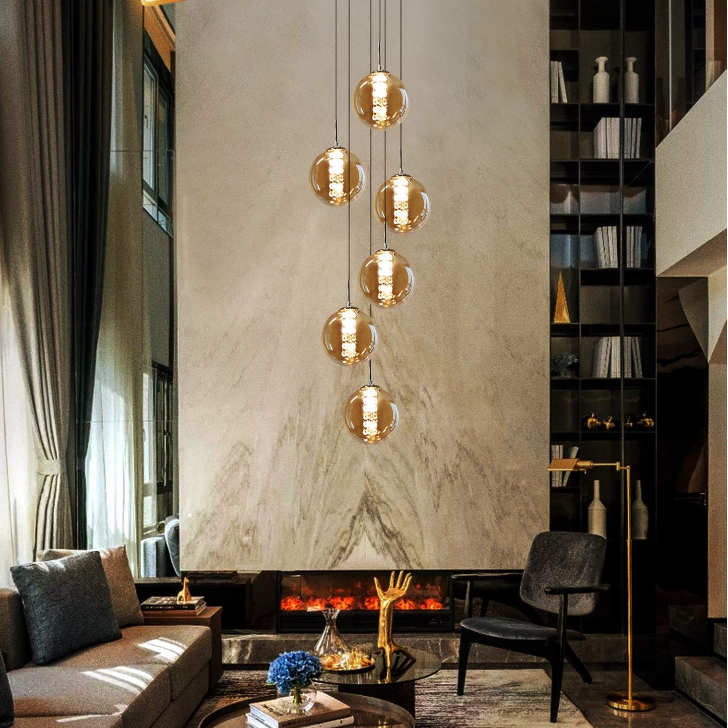 ZMH Pendelleuchte esstisch Pendellampe H?henverstellbar kugel H?ngeleuchte 6-Flammig aus Glas in Farbe Bernstein K¨¹chen Wohnzimmerlampe Schlafzimmerlampe Flurlampe