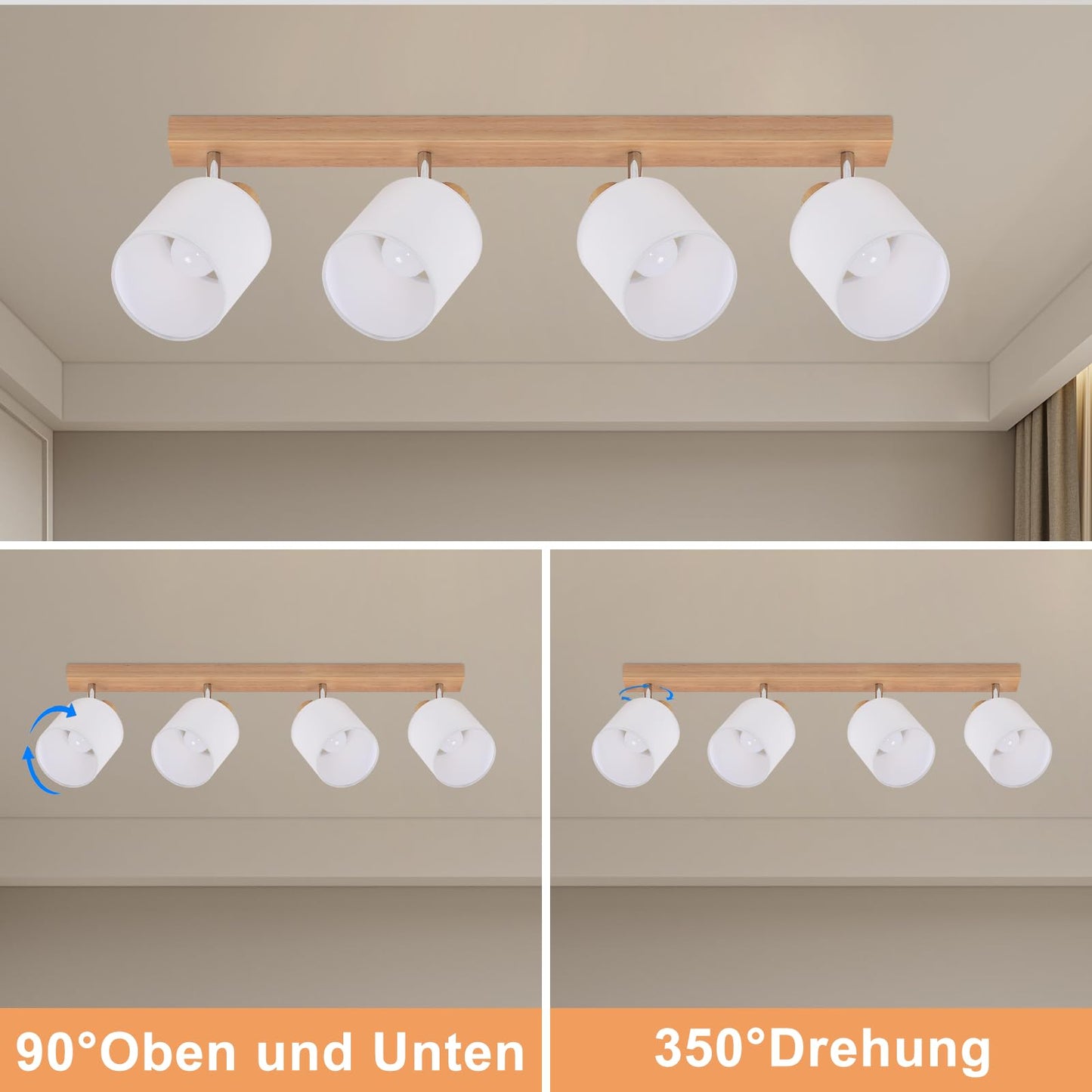 ZMH Deckenstrahler 4 Flammig Deckenlampe Wohnzimmer - Holz Deckenleuchte Modern Deckenspot E14 Schwenkbar 350¡ã MAX.25W k¨¹chenlampe Stoffschrim f¨¹r Schlafzimmer K¨¹che Flur (ohne Leuchtmittel)