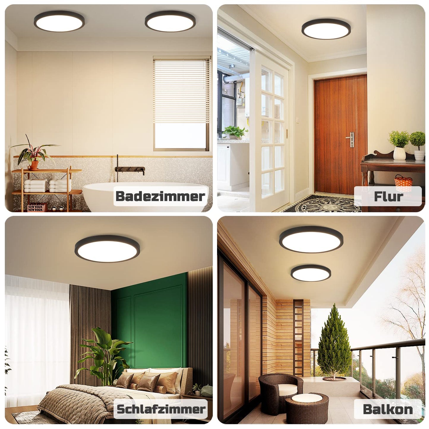 ZMH Deckenlampe LED Deckenleuchte K¨¹che - Badezimmerlampe Flach 15W K¨¹chenlampe Schwarz ?22cm Badezimmer Deckenbeleuchtung IP44 Schlafzimmerlampe Rund Badlampe Neutralwei? f¨¹r Schlafzimmer Bad Flur