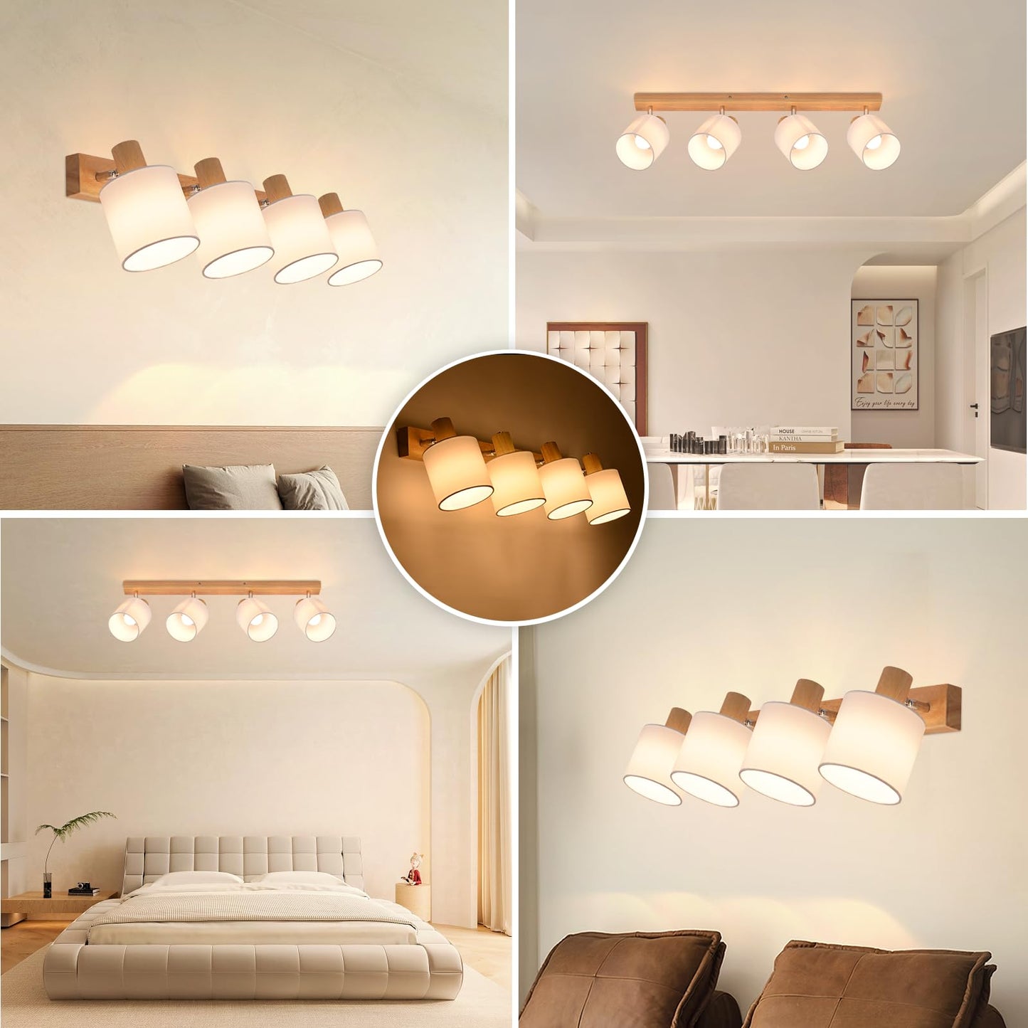 ZMH Deckenstrahler 4 Flammig Deckenlampe Wohnzimmer - Holz Deckenleuchte Modern Deckenspot E14 Schwenkbar 350¡ã MAX.25W k¨¹chenlampe Stoffschrim f¨¹r Schlafzimmer K¨¹che Flur (ohne Leuchtmittel)