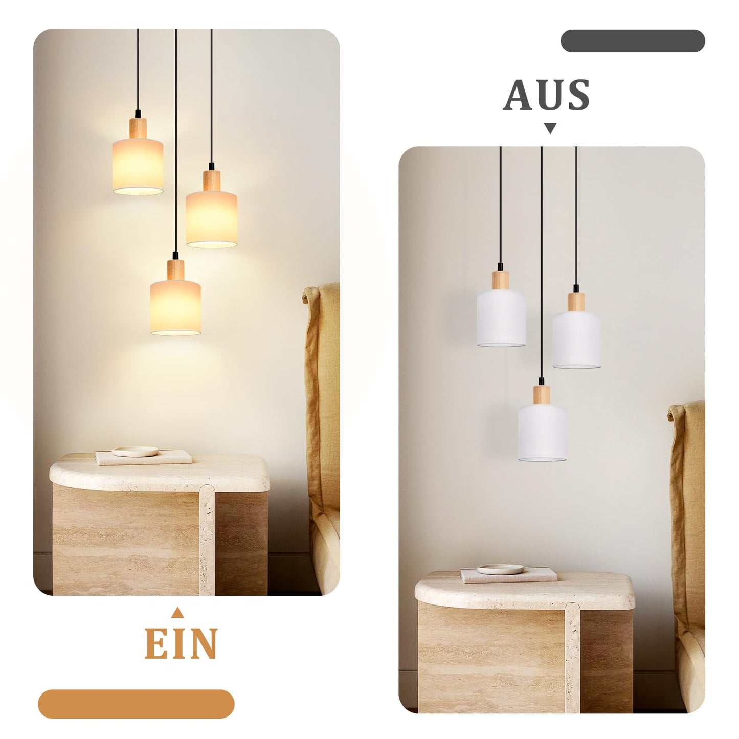 ZMH Pendelleuchte Holz Esstischlampe Vintage - H?ngelampe Esstisch E14 H?ngeleuchte Wei? Pendellampe 3 Flammig Rund Esstischlampe f¨¹r Esszimmer Restaurant K¨¹che Schlafzimmer Arbeitszimmer