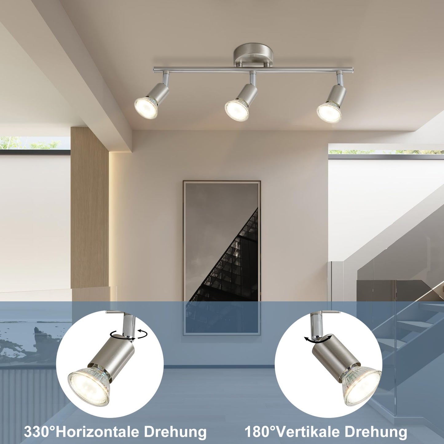 ZMH LED Deckenstrahler 3 Flammig Schwenkbar - Flur Deckenlampe Modern Deckenleuchte GU10 Deckenspot 350¡ãDrehbar Strahler Lampe Edelstahl Decke Wohnzimmer Schlafzimmer Ohne Leuchtmittel