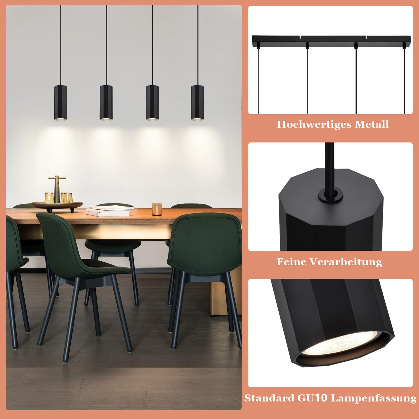 ZMH H?ngelampe Esstisch Schwarz 4 Flammig - Pendelleuchte GU10 Wohnzimmer Industrial Esszimmerlampe H?ngend Metall Modern H?ngeleuchte f¨¹r Innen K¨¹che Schlafzimmer
