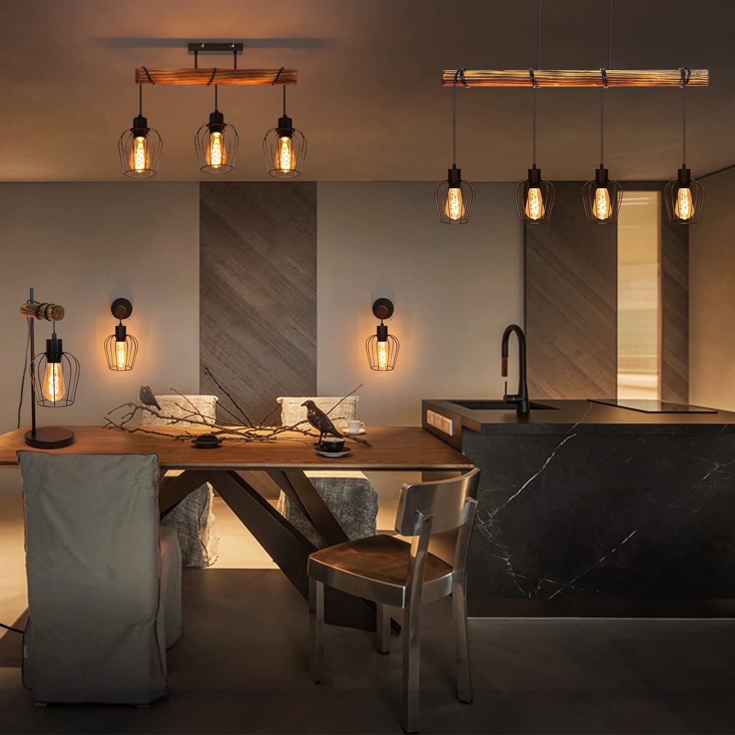 ZMH Retro Pendelleuchte Vintage H?ngelampe 4 flammige Holz Esszimmerlampe Pendellampe Wohnzimmer im Industrial Design mit h?henverstellbaren Strahlern - Schwar - Fassung: E27 - ohne Leuchtmittel