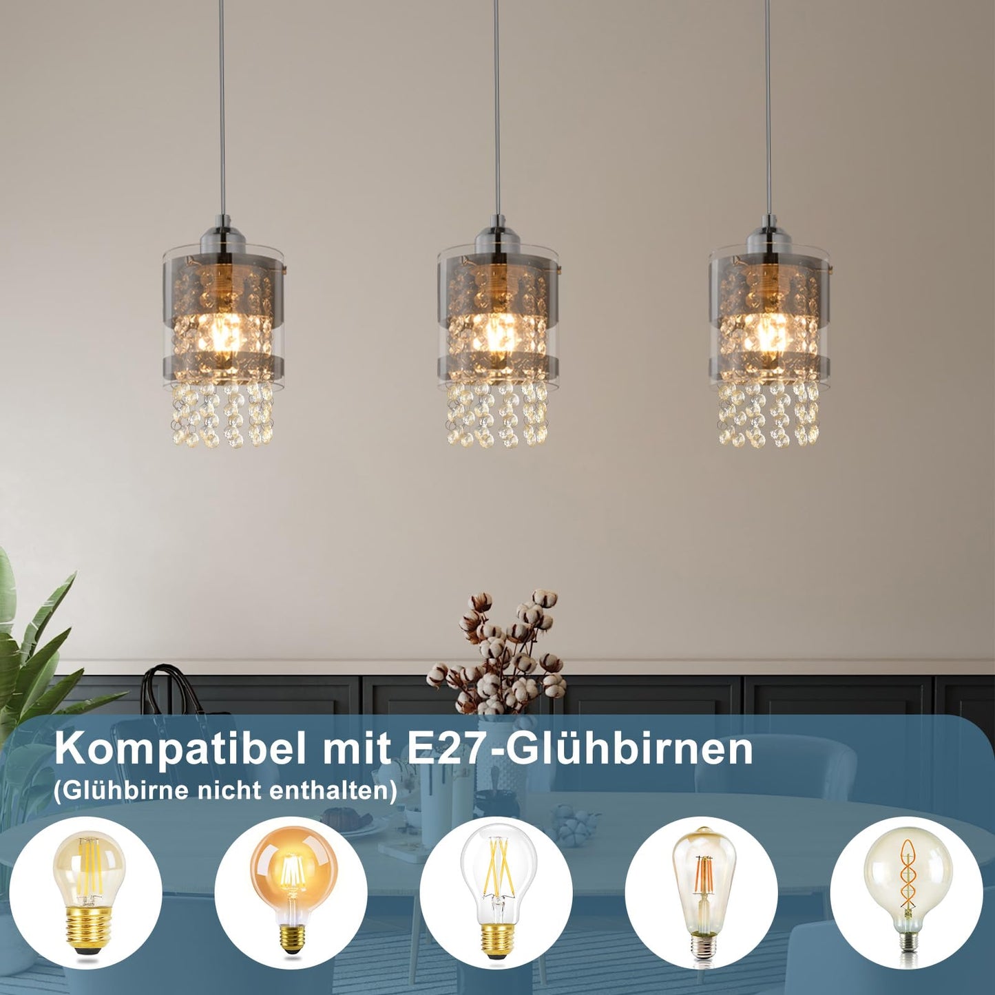 ZMH Pendelleuchte Modern Esstisch H?ngelampe: 3 Flammig E27 Glas H?ngeleuchte 150CM Max H?henverstellbar Design Kristall Pendellampe f¨¹r Wohnzimmer Schlafzimmer K¨¹che Esszimmer Ohne Leuchtmittel