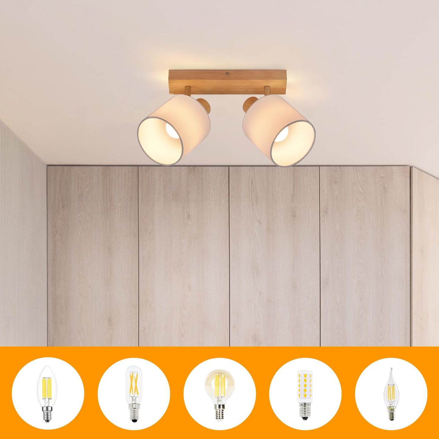 ZMH Deckenleuchte 2 Flammig Deckenlampe Flur - Deckenstrahler Vintage Holz Deckenspot Wandstrahler Schwenkbar 350¡ã E14 MAX.25W lampe f¨¹r Wohnzimmer Schlafzimmer K¨¹che (ohne Leuchtmittel)
