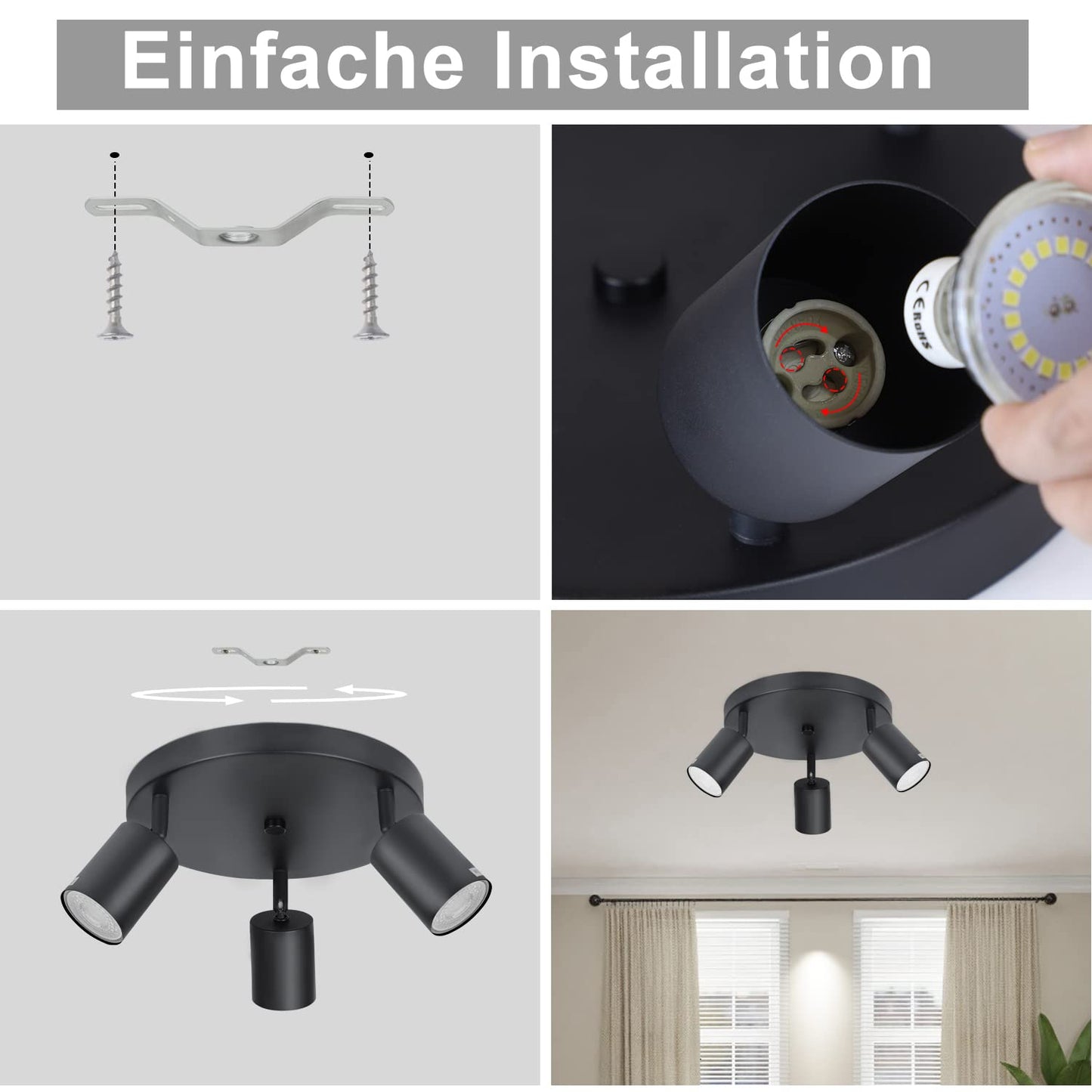 ZMH LED Deckenleuchte Schwarz Deckenstrahler - Deckenlampe 3 Flammig Rund Deckenspots GU10 Strahler Metall K¨¹chenlampe Schwenkbar 350¡ã Spotleuchte f¨¹r Wohnzimmer Schlafzimmer K¨¹che Flur - Ohne Birne