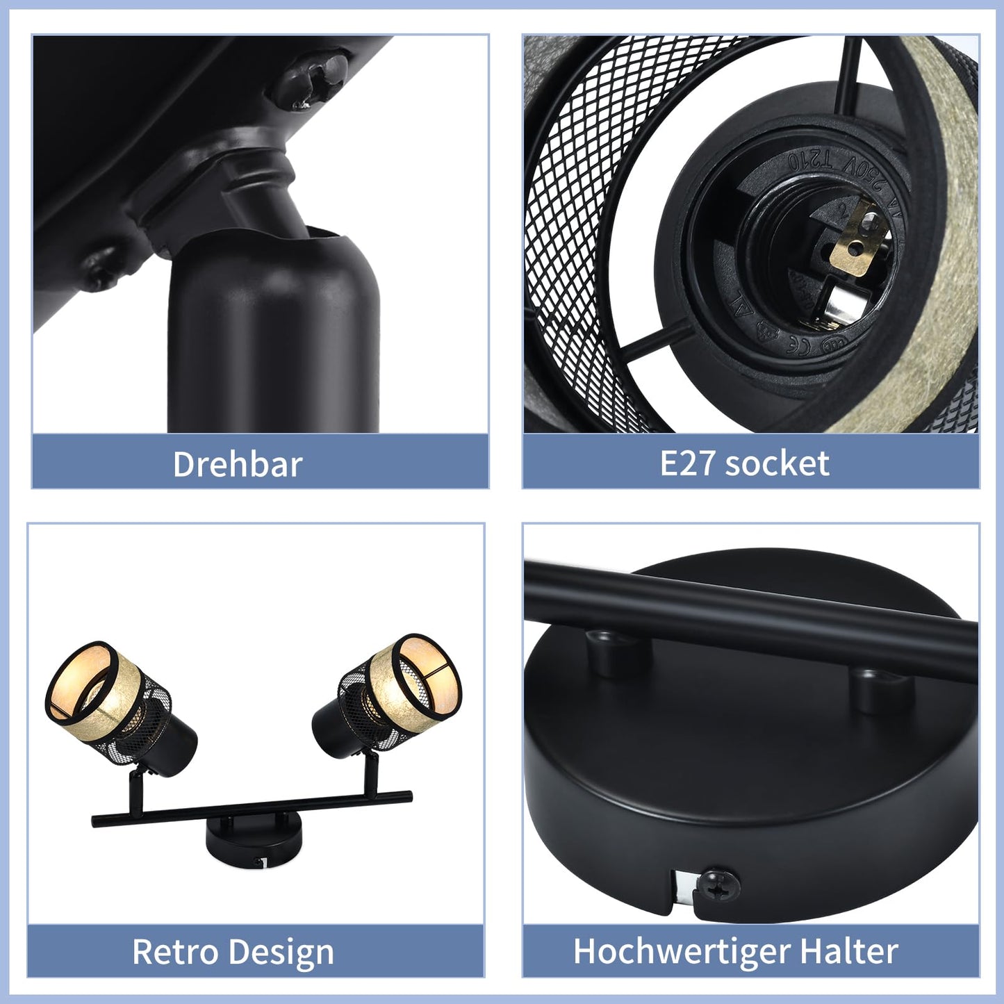 ZMH Deckenstrahler 2 Flammig Schwarz Deckenleuchte - Deckenspot Flur Metall Vintage E27 330¡ãSchwenkbar LED Deckenlampe mit Gold Stoffschirm Max.25W f¨¹r Wohnzimmer Schlafzimmer K¨¹che
