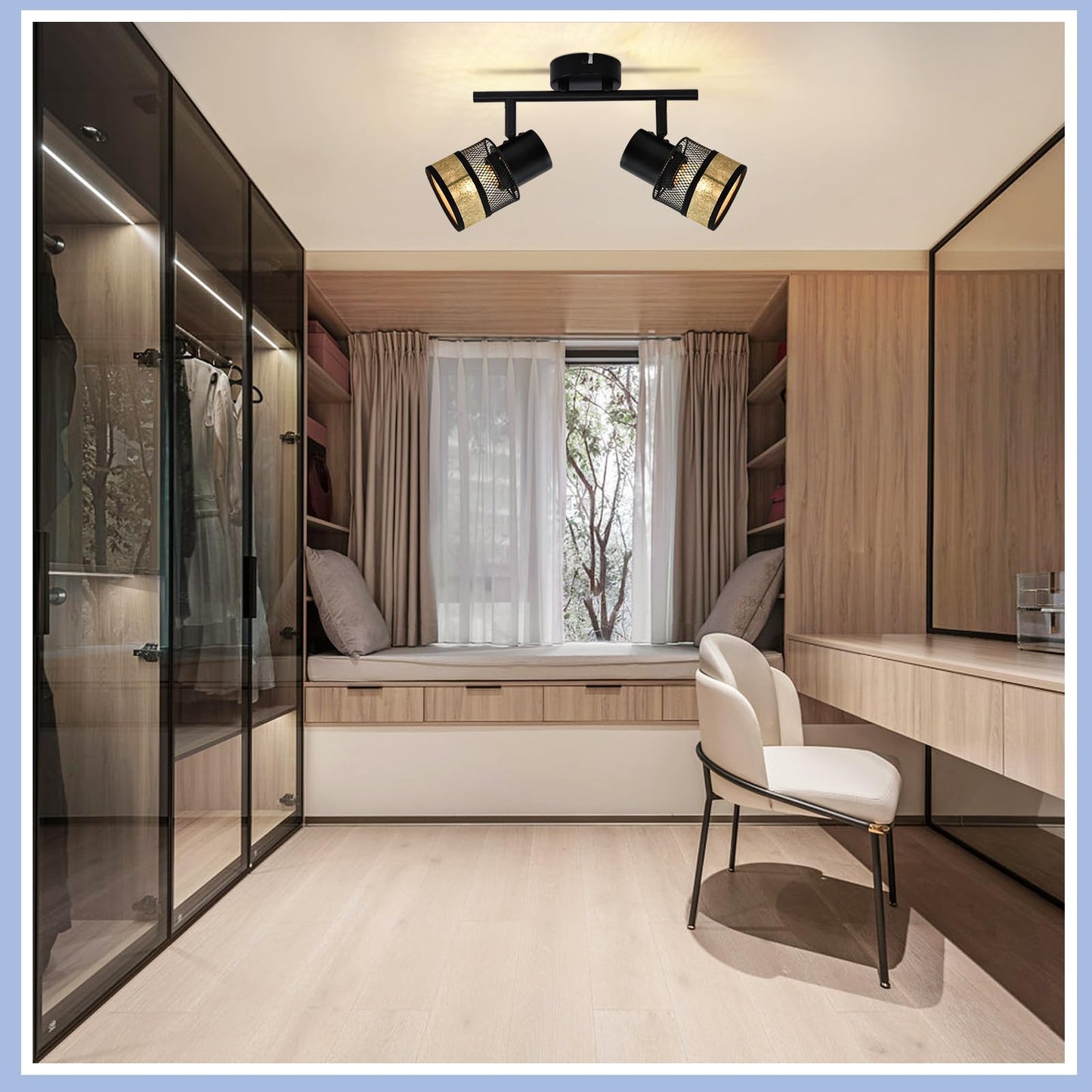 ZMH Deckenstrahler 2 Flammig Schwarz Deckenleuchte - Deckenspot Flur Metall Vintage E27 330¡ãSchwenkbar LED Deckenlampe mit Gold Stoffschirm Max.25W f¨¹r Wohnzimmer Schlafzimmer K¨¹che