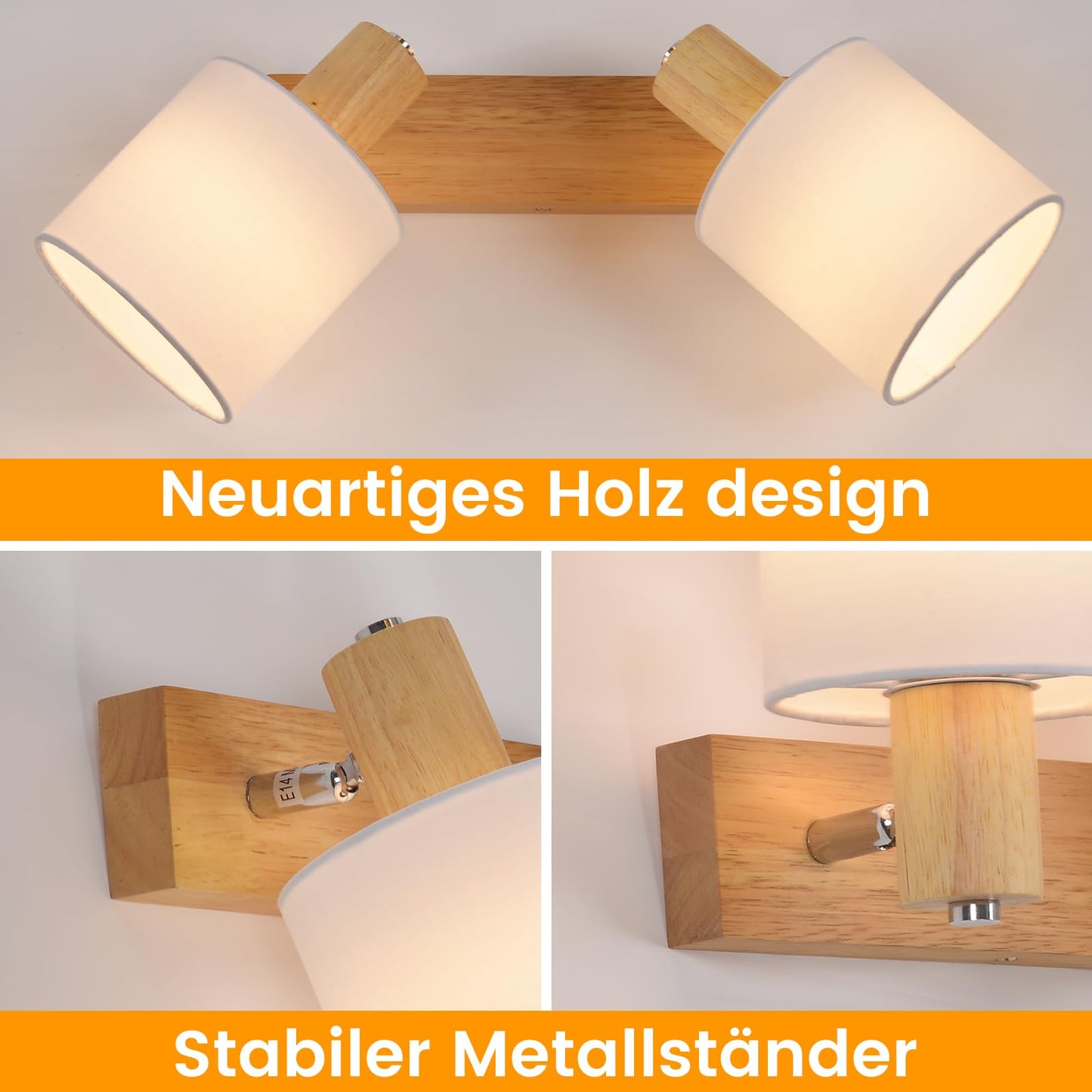 ZMH Deckenleuchte 2 Flammig Deckenlampe Flur - Deckenstrahler Vintage Holz Deckenspot Wandstrahler Schwenkbar 350¡ã E14 MAX.25W lampe f¨¹r Wohnzimmer Schlafzimmer K¨¹che (ohne Leuchtmittel)