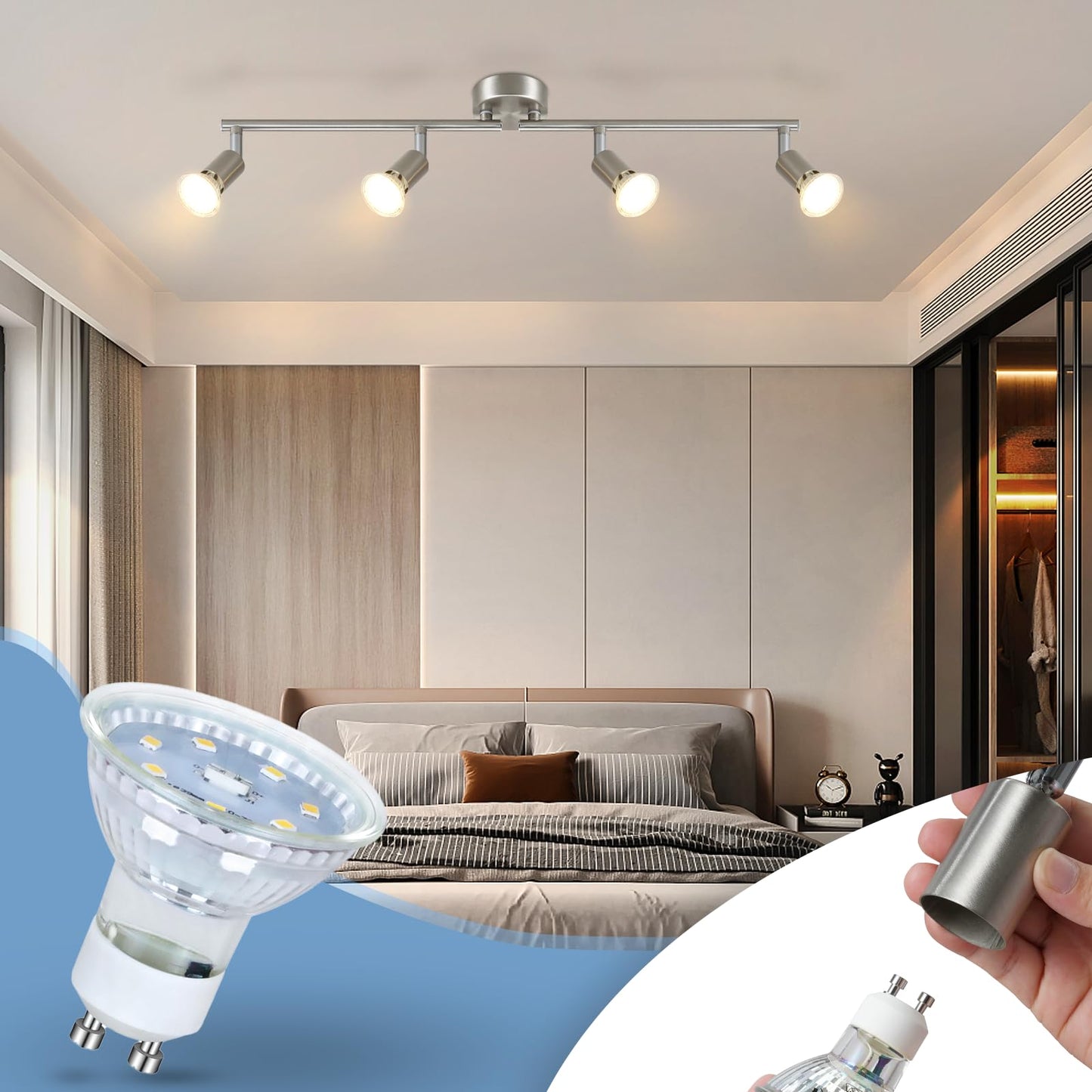ZMH LED Deckenstrahler 4 Flammig Wohnzimmer - Deckenleuchte Modern Deckenlampe GU10 Deckenspot Schwenkbar 330¡ãDrehbar Spot Strahler Lampe Edelstahl Decke Schlafzimmer innen Ohne Leuchtmittel