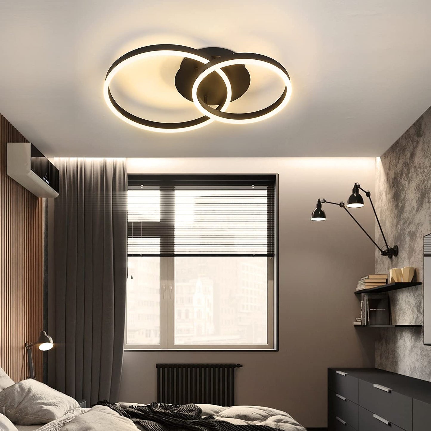 ZMH LED Deckenlampe Dimmbar Deckenleuchte Wohnzimmer Schwarz Wohnzimmerlampe Modern Schlafzimmerlampe 46W 2-Ringen f¨¹r Schlafzimmer Arbeitszimmer B¨¹ro K¨¹chen Hotel Restaurant Esszimmer- 59*40*12CM
